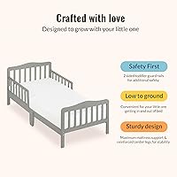 Vista 5 de Dream On Me Cama para niños pequeños de diseño clásico en gris claro, cama de madera baja al piso con rieles de seguridad, certificada GREENGUARD