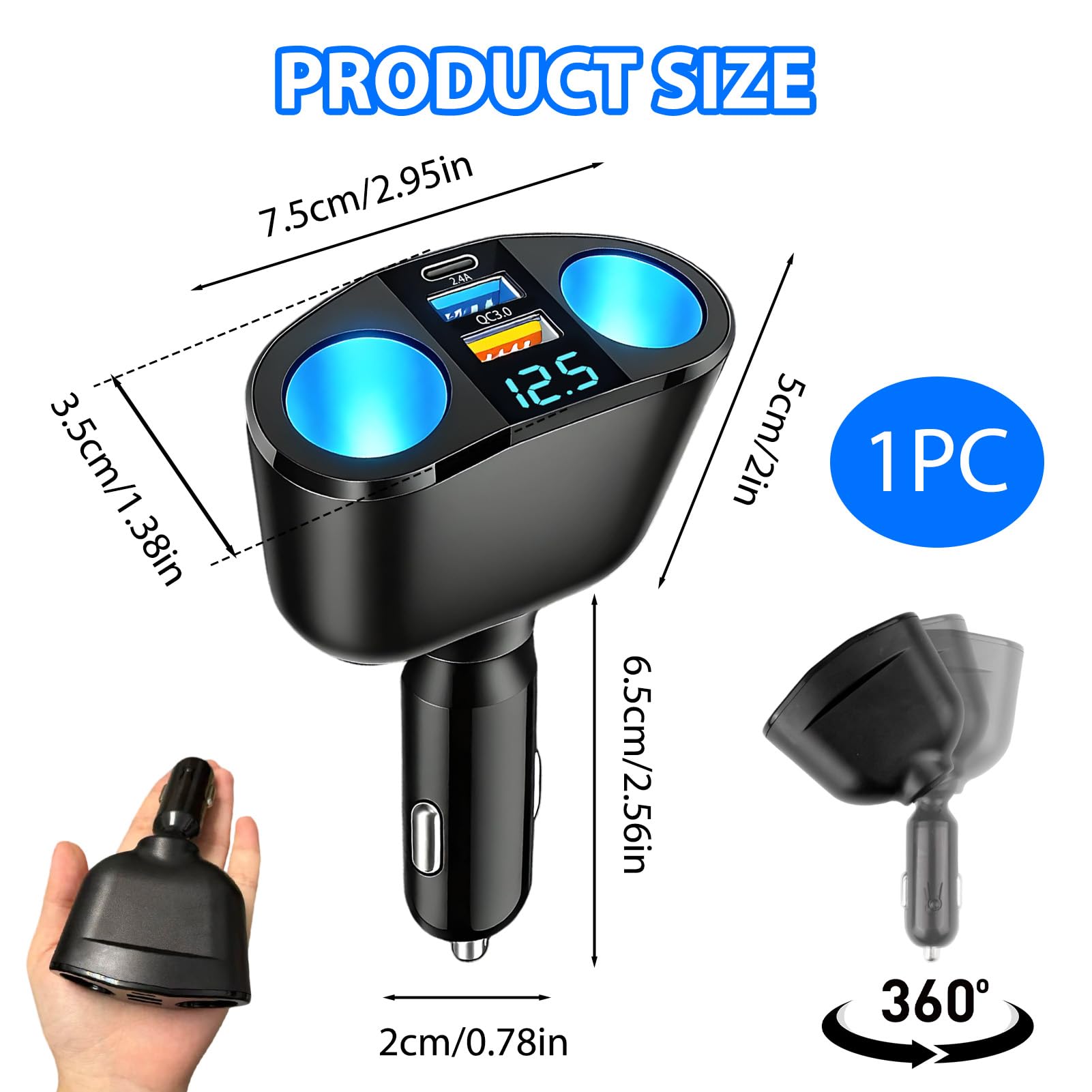 120W Car Cigarette Lighter Adapter, Dual USB QC3.0 & PD 12V/24V Multi Socket Car USB Charger Splitter Double Cigarette Lighter with LED Voltmeter Fast Charging for Phones GPS Dashcam Vehicle Devices - 2