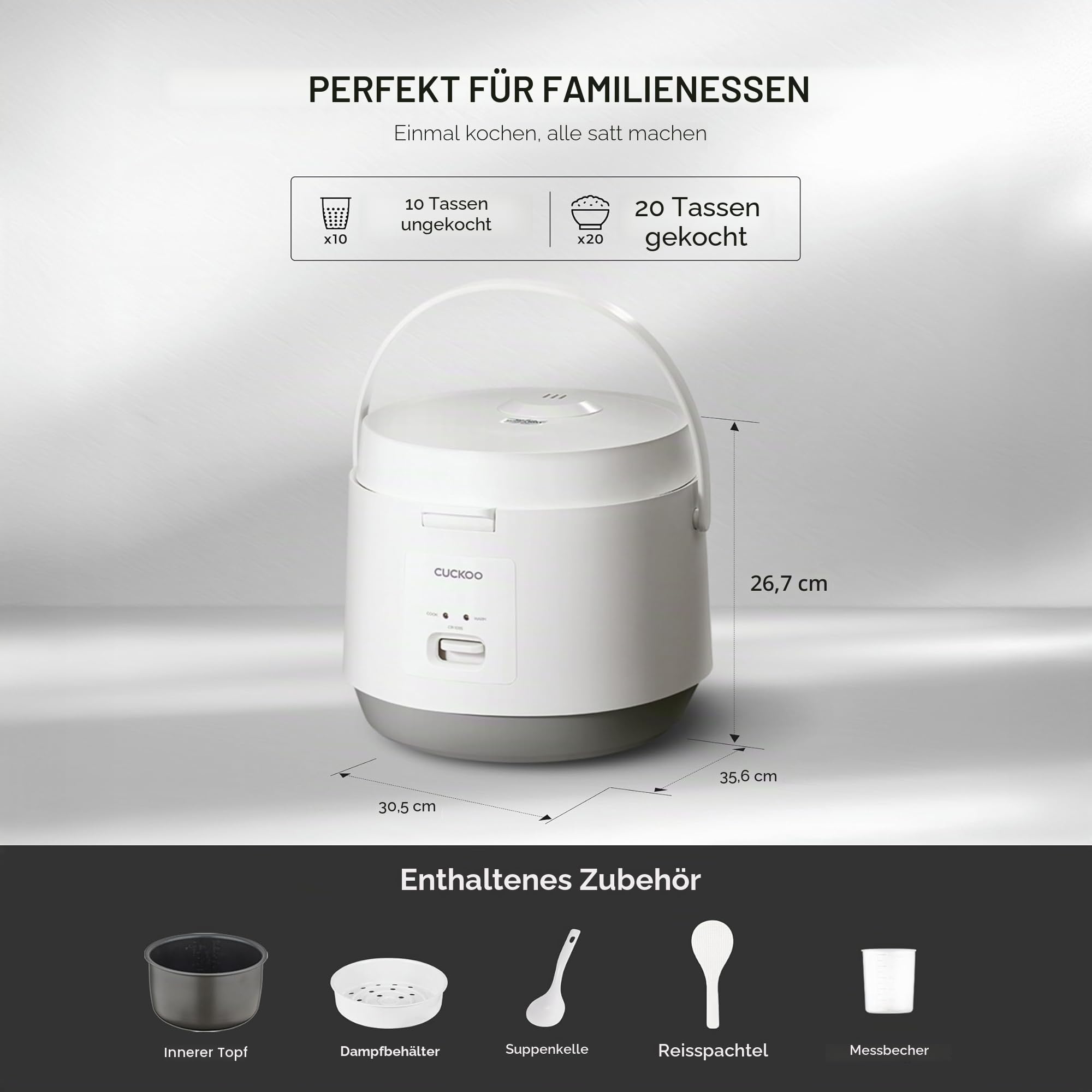 CUCKOO CR-1095 10 Tassen (ungekocht) / 20 Tassen (gekocht) Basic Reiskocher und Wärmer mit antihaftbeschichtetem Innentopf, Schalterpresse (weiß)