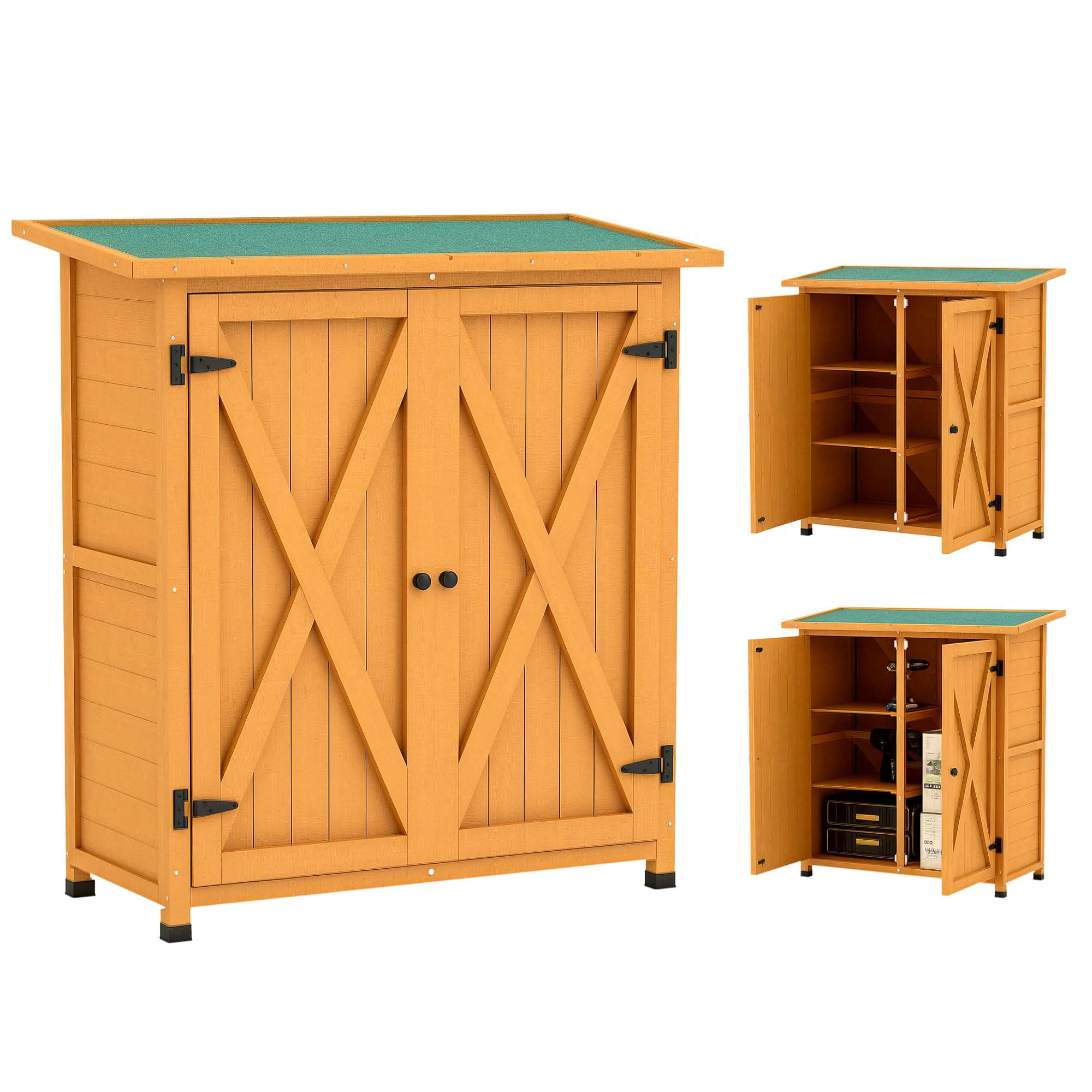 Outsunny Gartenschrank, Geräteschuppen aus Holz, Wetterfest Geräteschrank mit 2 Türen, Werkzeughaus mit Asphaltdach, Werkzeugschrank für Garten, Terrasse, 110 x 55 x 117 cm, Gelb