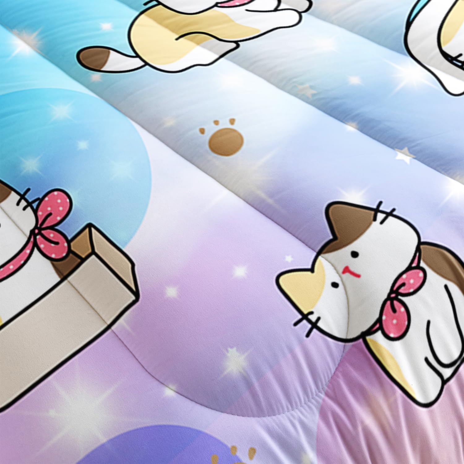 Kids Cute Cat Comforter Set Full Size 3Pcs Colorful Rainbow Glitter Star Bedding Set Lovely Animal Cat Paw Quilt Bed Set for Children Girls Boys Room Decor