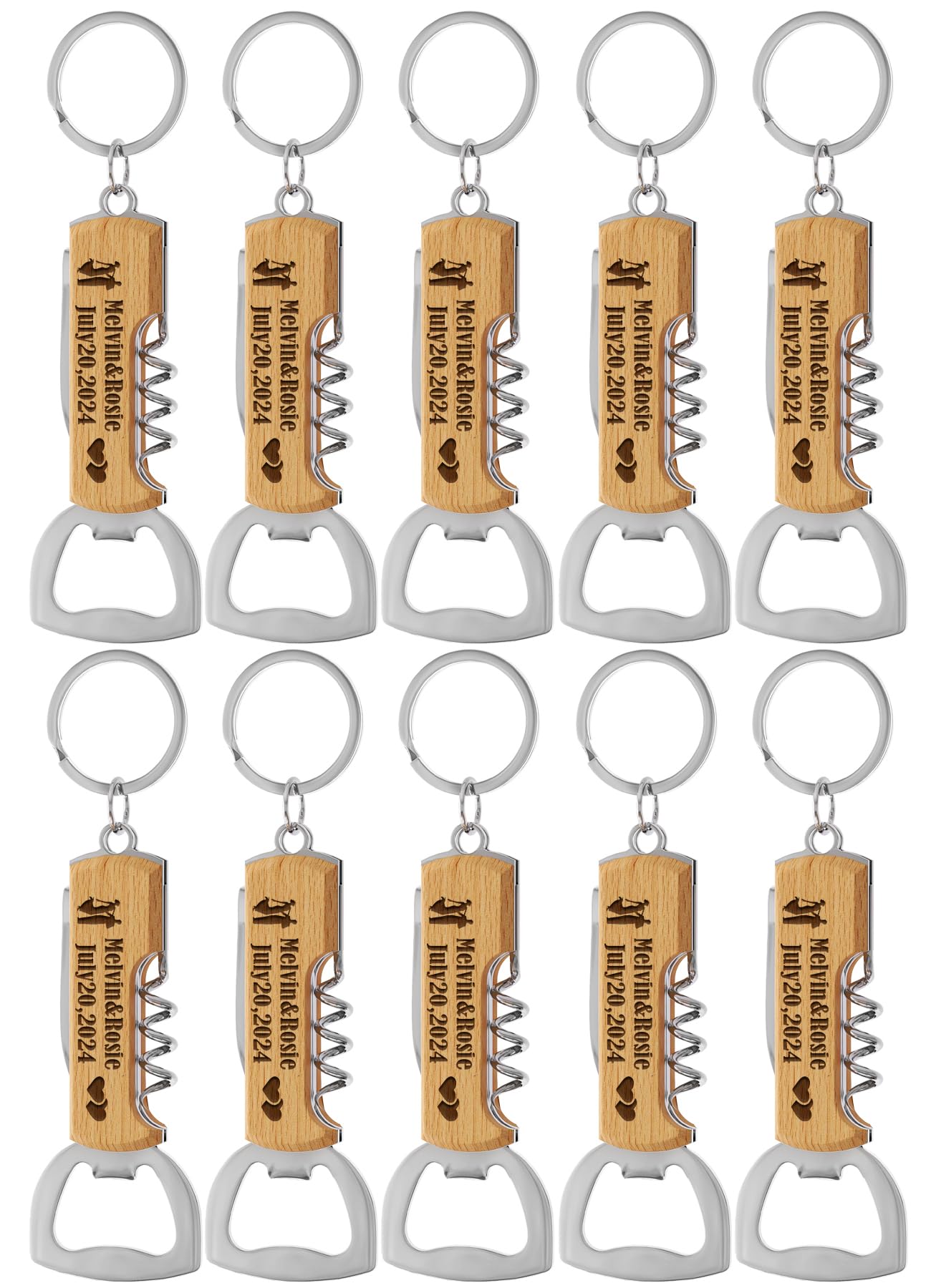 10PCS Personalised Multifunctional Wooden Bottle Opener for Wedding Party, Wedding Favours for Guest,Customised Gifts for Birthday Party,Engraved Bottle Opener Keychains.