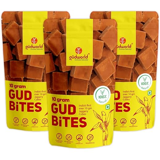 Gudworld 10g Gud Bites 750 gm (250 gm x Pack of 3) | Jaggery Cubes | Small Bite Size Gud Cubes | Sugar Alternative | 100% Natural | Chemical Free Jaggery
