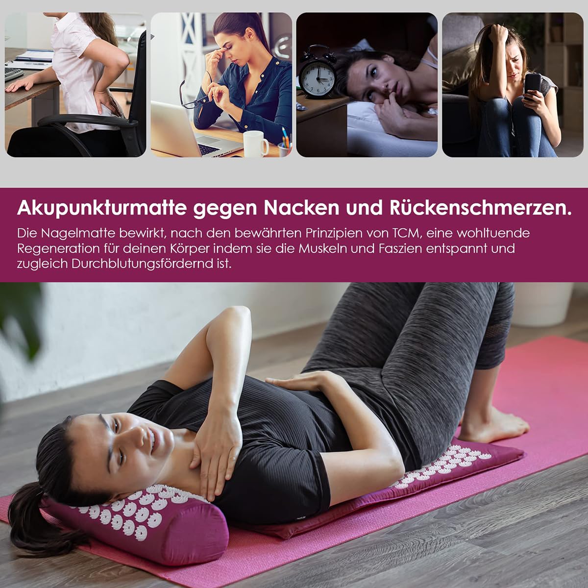 Sarini Akupressurmatte, Akupressurset, Akupressurmatte mit Kissen, Nagelmatte, Blumenfeldmatte, Nadelmatte/Nadelstimulationsmatte, Nadelbrett (lila)