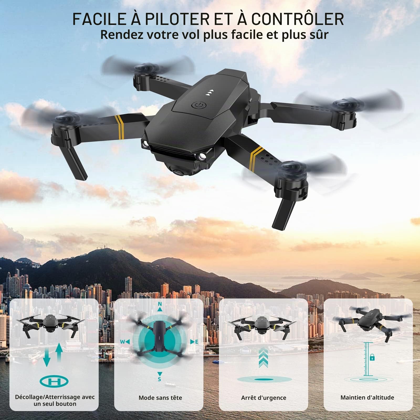 Drone avec caméra 1080P débutant RC Quadcopter, drone pour enfants, FPV Live Video, Altitude Hold, One Key Take Off/Landing, 3D Flip. Cadeaux pour filles/garçons