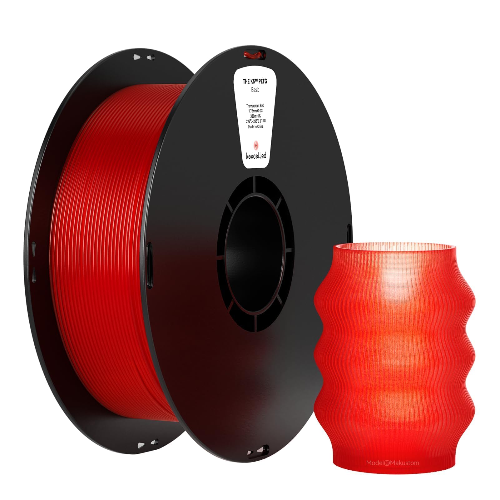 kexcelled Filamento PETG de 0.069 pulgadas, filamento de impresora 3D PETG rojo transparente, carrete de 2.2 libras, consumibles de impresión de mayor dureza, +/-0.03 mm, se adapta a la mayoría de