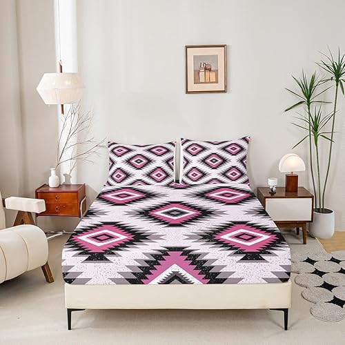 Miniatura 5 de Juego de sábanas de diseño nativo americano del suroeste para niños, juego de sábanas geométricas de color rosa y gris para niños y niñas,