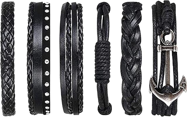 flintronic® Leather Bracelet, 6Pcs Adjustable Fashion Punk Braided Men & Women Rope Bracelet Cuff Vintage Bracelets Wrap Set Series