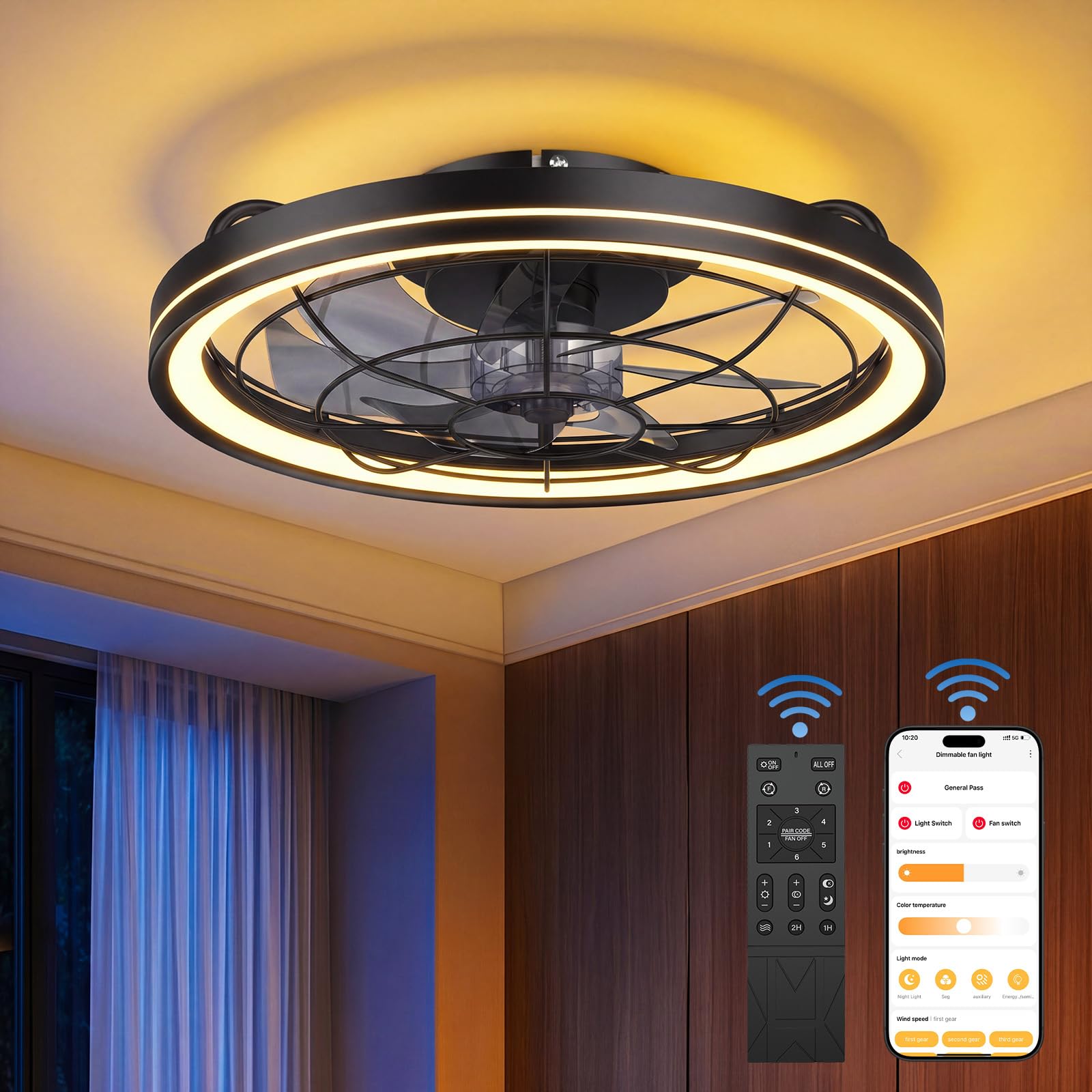 Deckenventilator mit Beleuchtung, dimmbar, Ø48cm, 6 Stufen, 3000-6500K, Fernbedienung & App, Timer, Schwarz