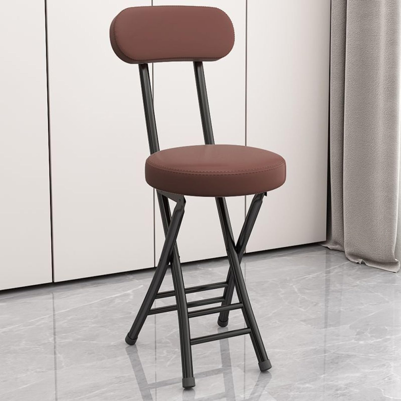 Tabouret de bar pliable en cuir marron rembourré avec dossier pour petit espace