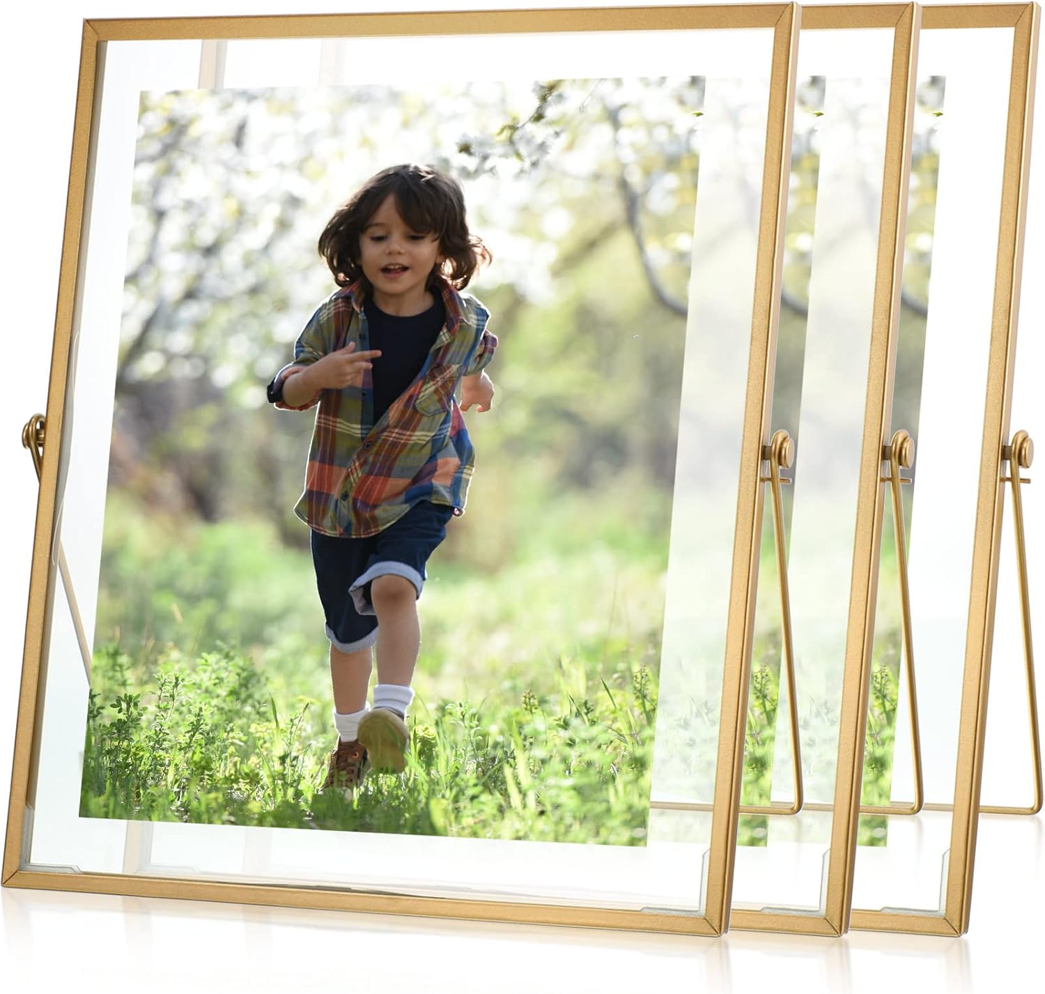 3 Set Gold Floating Picture Frame 12 x 10 Inch for Picture Sizes 8x10, 7x9, 6x8, 5x7, Vertical Tabletop Display Metal Floating Frame Classy Gift for Wedding Birthday Christmas Home Office Decor