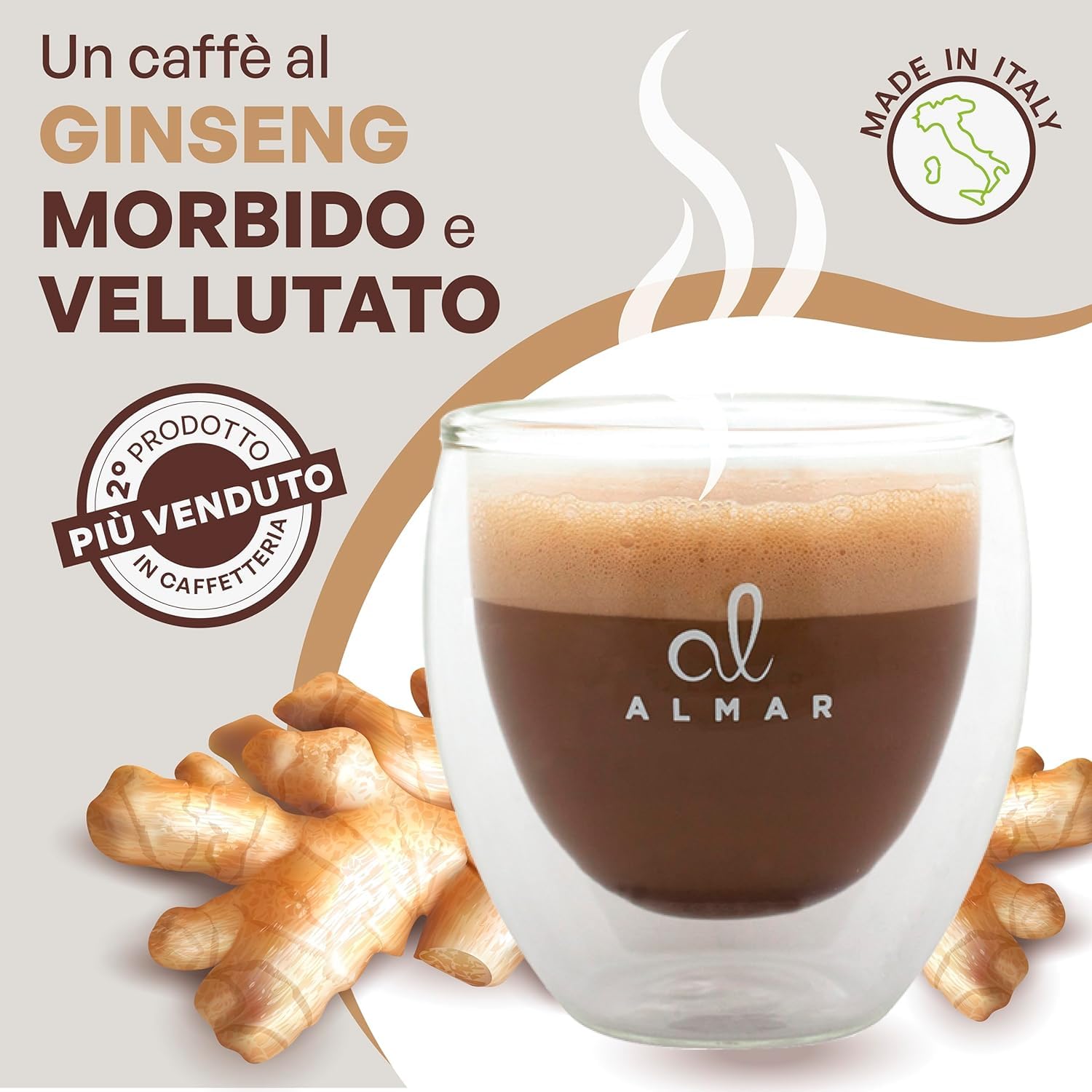 Almar Café de Ginseng Soluble Amargo sin Azúcar Añadido, Sin Gluten, 8x250 g (360 porciones), Calidad Profesional Para Hostelería y Hogar, Made in Italy
