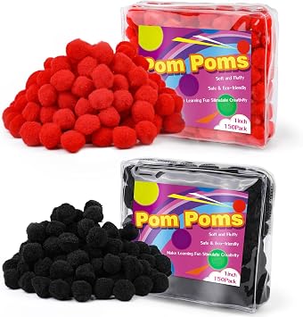 Veroave 300 Pieces Pom Poms 1 Inch Red+ Black,Small Pom Poms for Crafts, Puff Balls