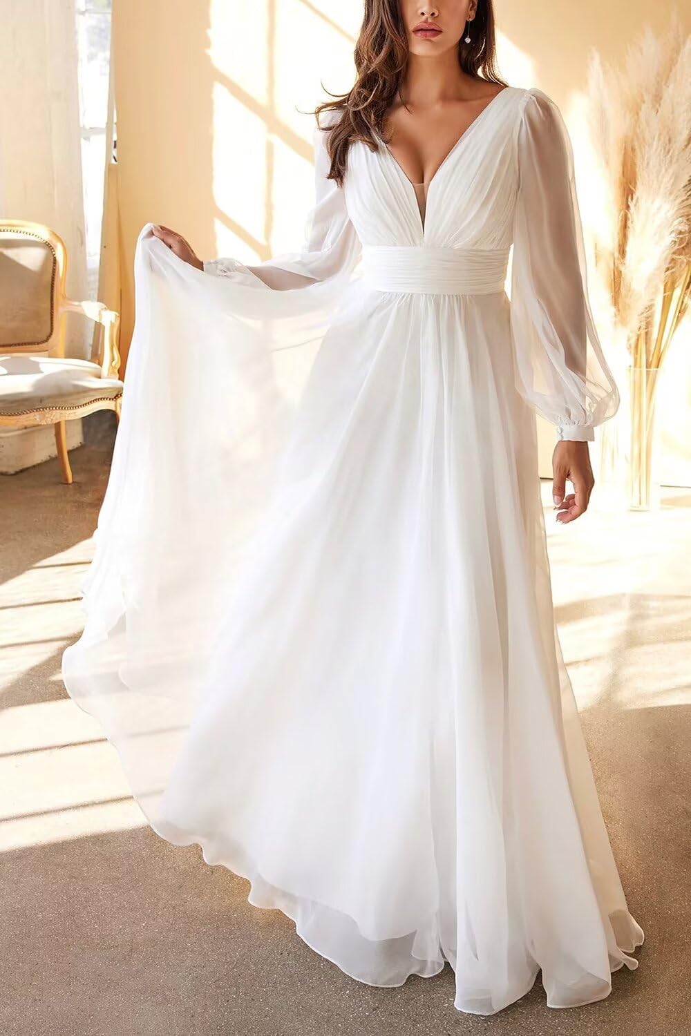 Womens Long Sleeve Wedding Dresses for Bride Chiffon A Line Sexy V Neck Simple Bridal Party Dress
