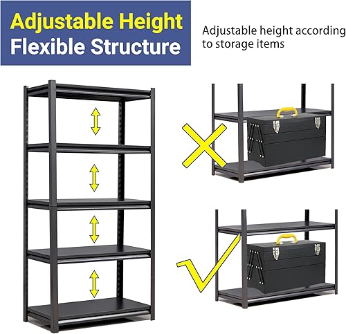 Miniatura 8 de Estantería de metal ajustable de 5 niveles, estantes de almacenamiento resistentes, organizador comercial para garaje, sótano, cocina, despensa,