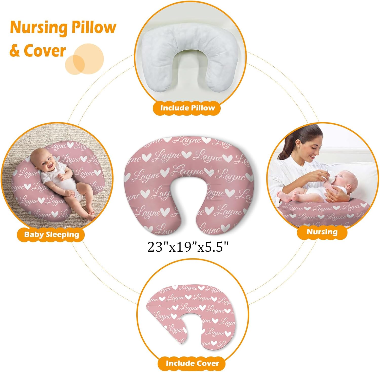 Custom Baby Nursing Swaddling Set: Personalized Custom Name Pink Swaddle Blanket Car Seat Cover Bow Headband Hat Nursing Pillow for Infant Girl Love Heart Pattern
