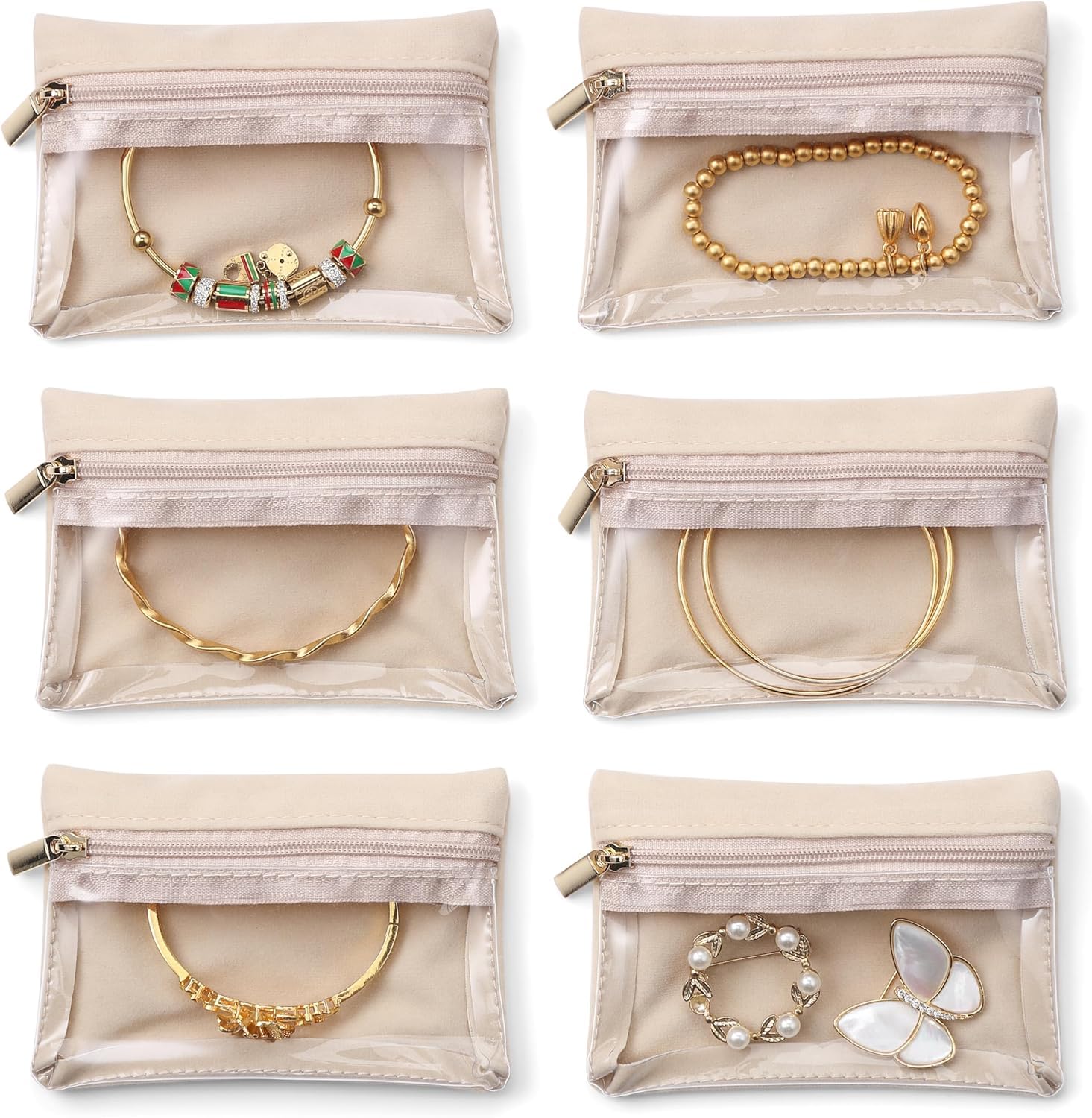 6 Pcs Travel Jewelry Bags,Jewelry Pouch Bag, Clear velvet zipper pockets Storage Bag Organizer Case for Women Girl Gift- (Beige)