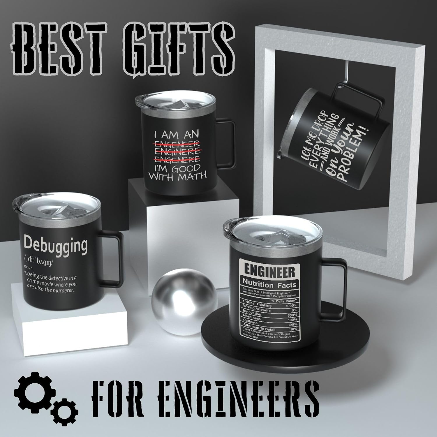 Onebttl Engineer Gifts for Men, Funny Engineering Coffee Mug for Mentor, Brother, Son, Coworkers, 12oz Stainless Steel Tumbler, Black (Nutrition Facts)