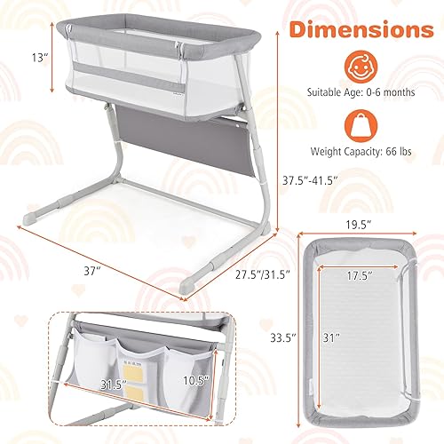Miniatura 8 de BABY JOY Moisés, cuna de noche con altura ajustable, cómodo colchón, laterales de malla completa y bolsillos de almacenamiento para recién nacidos