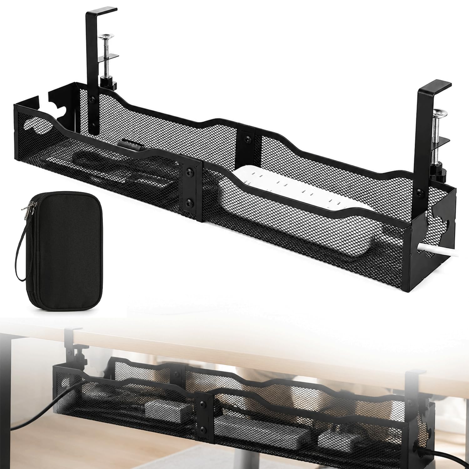 LivDesk Under Desk Cable Management Tray with Storage Bag, No Drill with Clamp Mount, Metal Mesh Cable Management Under Desk for Home Office Desk, Wire Management Tray for Cords & Accessories