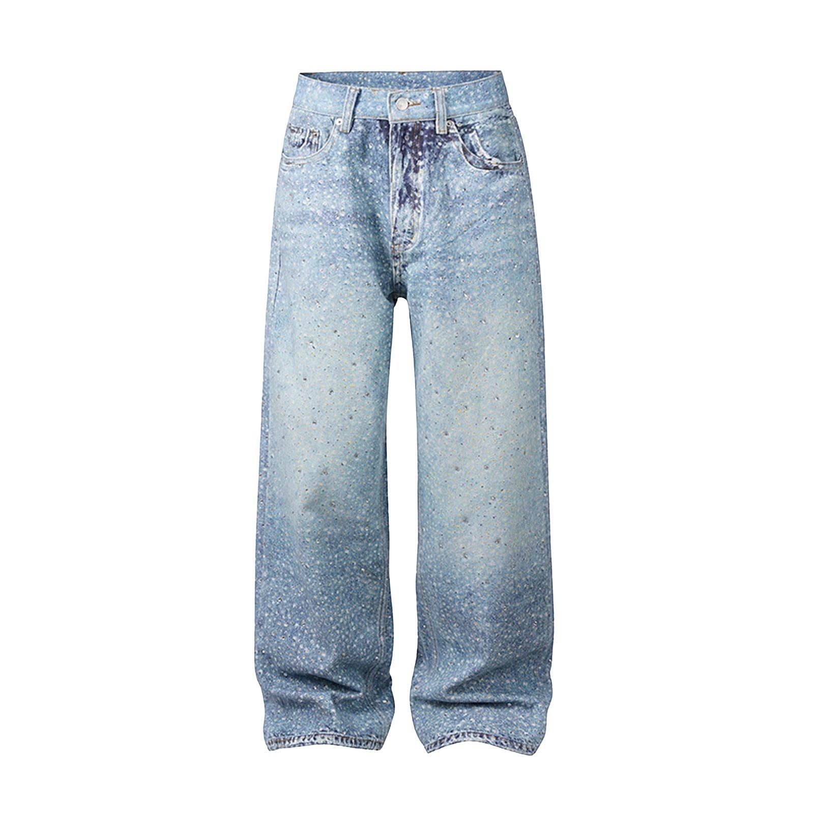 Jeans da uomo High Street con strass e paillettes, per il tempo libero, stile Y2K, casual, comodi, in denim, larghi e dritti, stile hip hop, streetwear