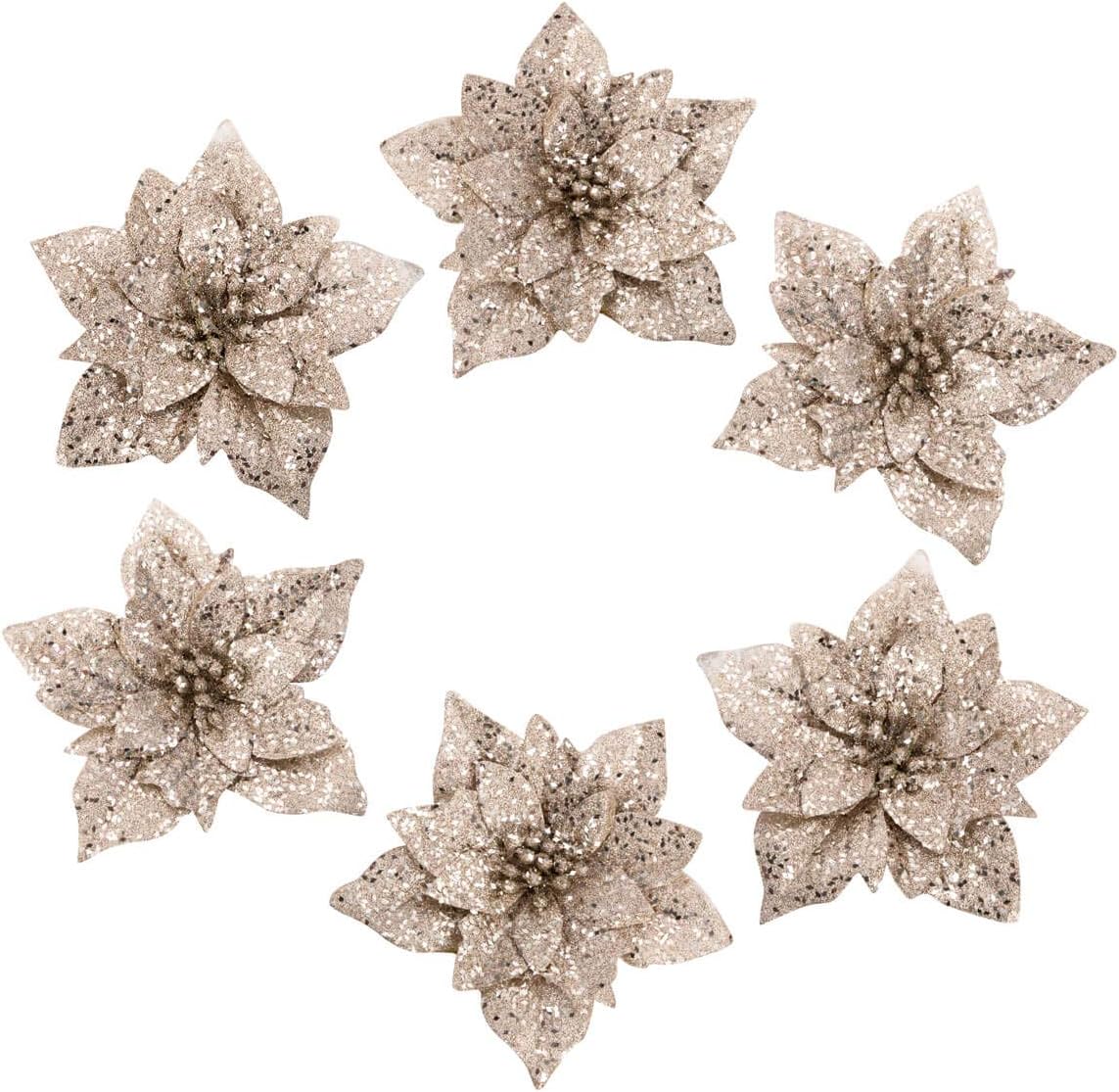 ARCCI 6" Artificial Gold Glitter Poinsettia Christmas Flower, Xmas Tree Ornaments Holiday Decoration, 6 PCS, Champaign Gold