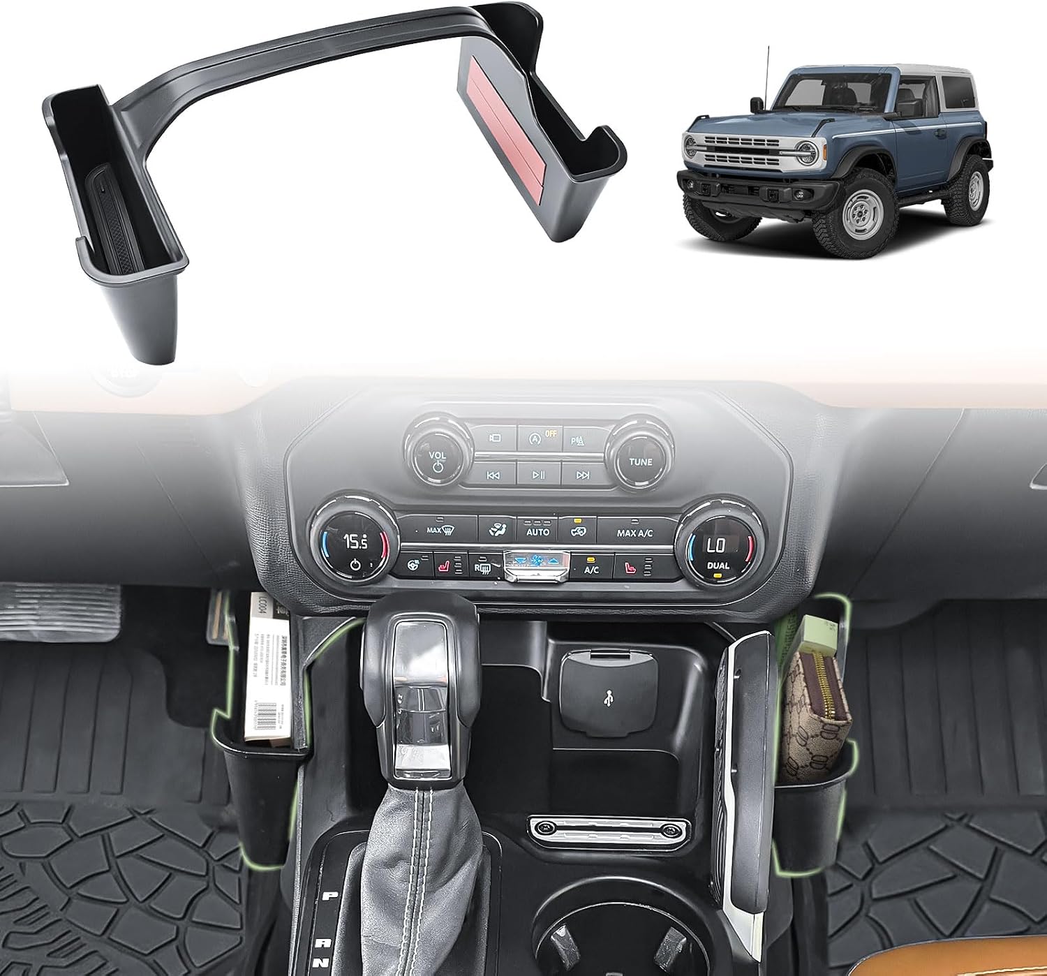 HGWEI Gear Shifter Organizer Compatible with 2021-2026 Ford Bronco Interior Accessories, Center Console Shift Tray Side Pockets Storage for 2/4-Door (Don't Fit Bronco Sport) Black