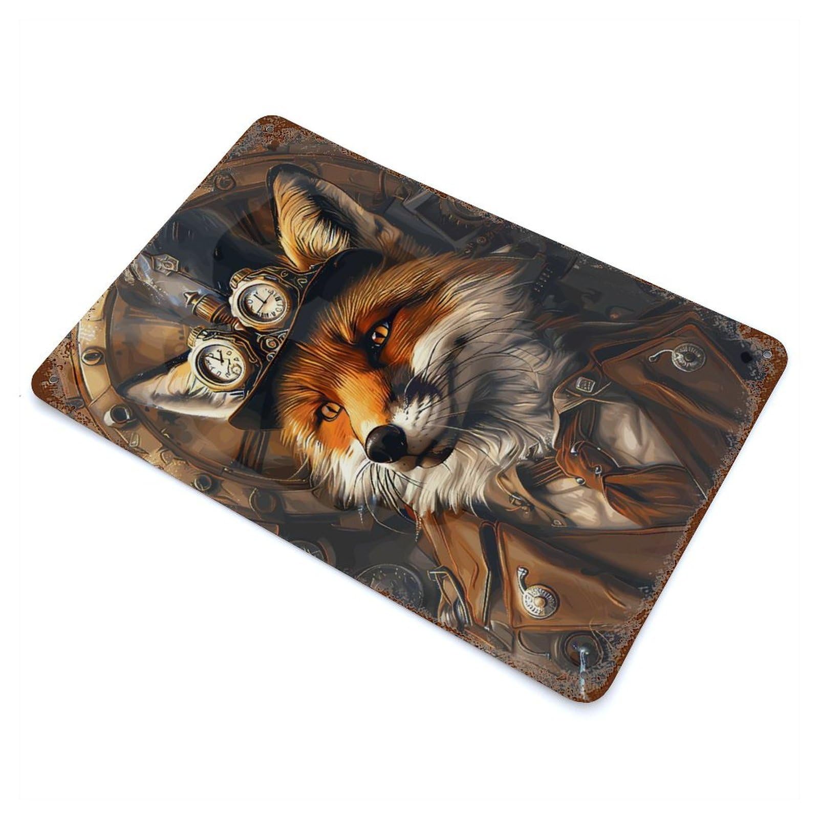 Steampunk Fox Animal Aged Metal Wall Plaque 11.8"x7.9", Industrial Home Decor for Pub, Kitchen And Man Cave Decor