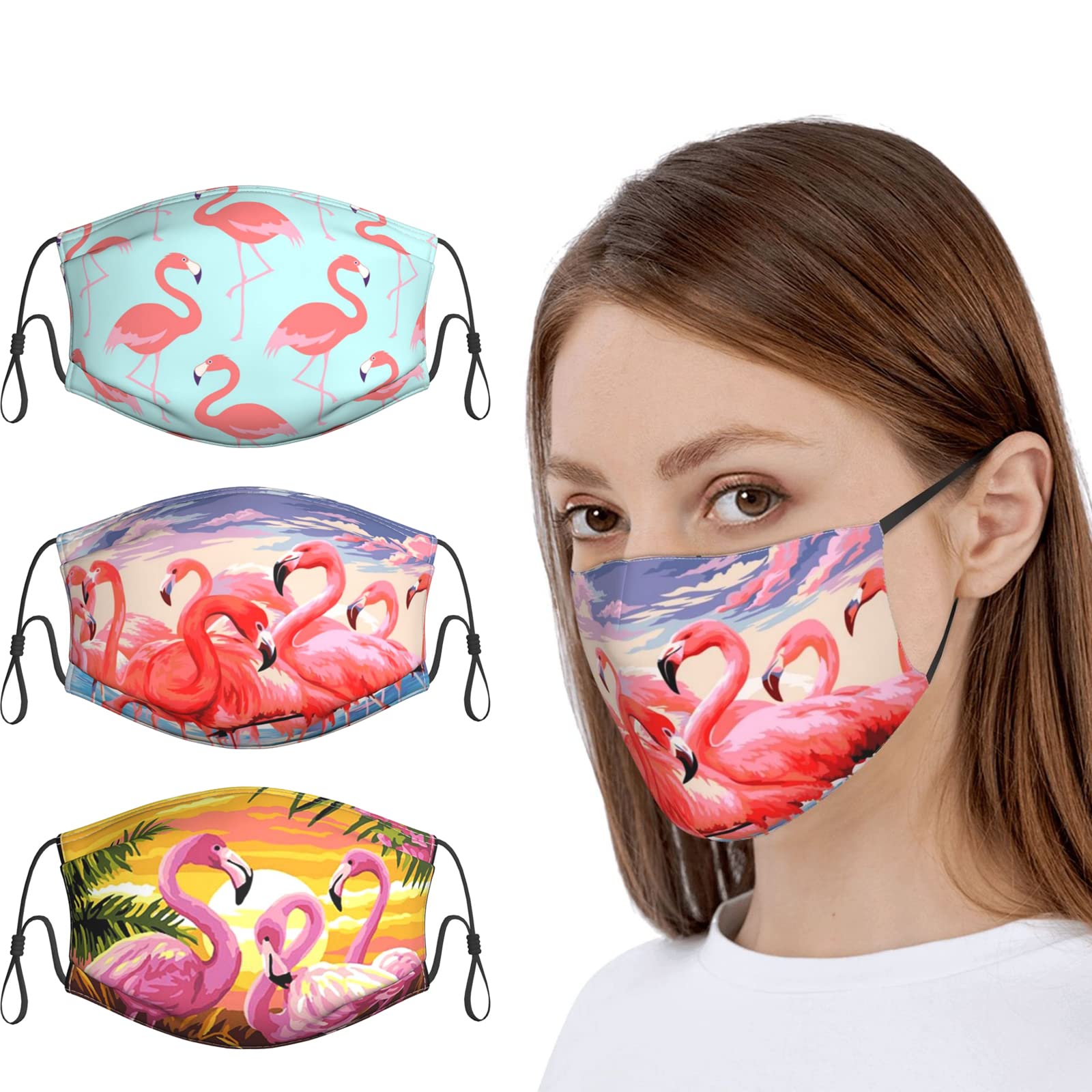 Flamingo Face Mask with Adjustable Ear Loops & Nose Wire 5 Layers Cloth Reusable Protection with Filter Pocket