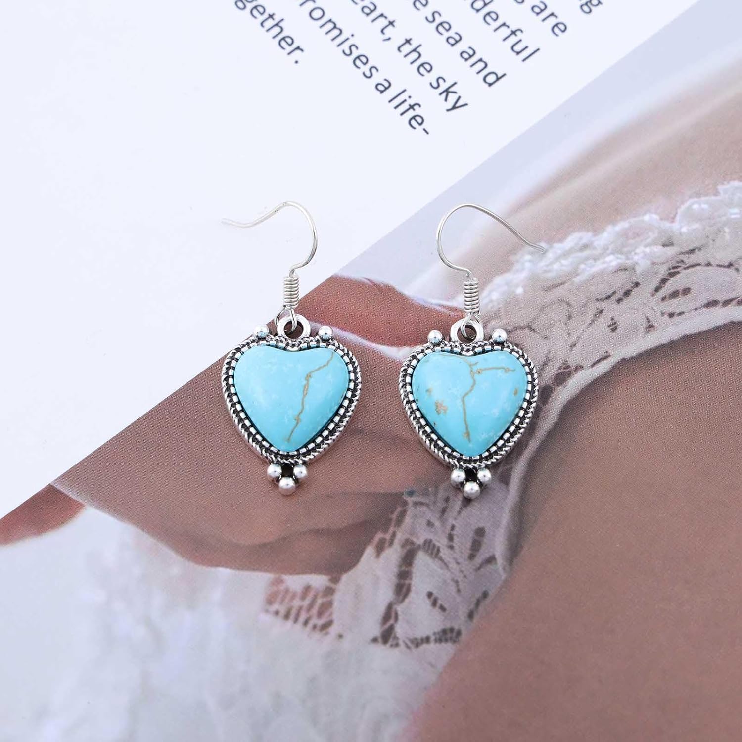 Bohemian Turquoise Heart Dangle Earrings Silver Turquoise Drop Earrings Turquoise Stone Heart Hook Earrings Blue Gemstone Heart Earrings Jewelry for Women Gifts - Image 3