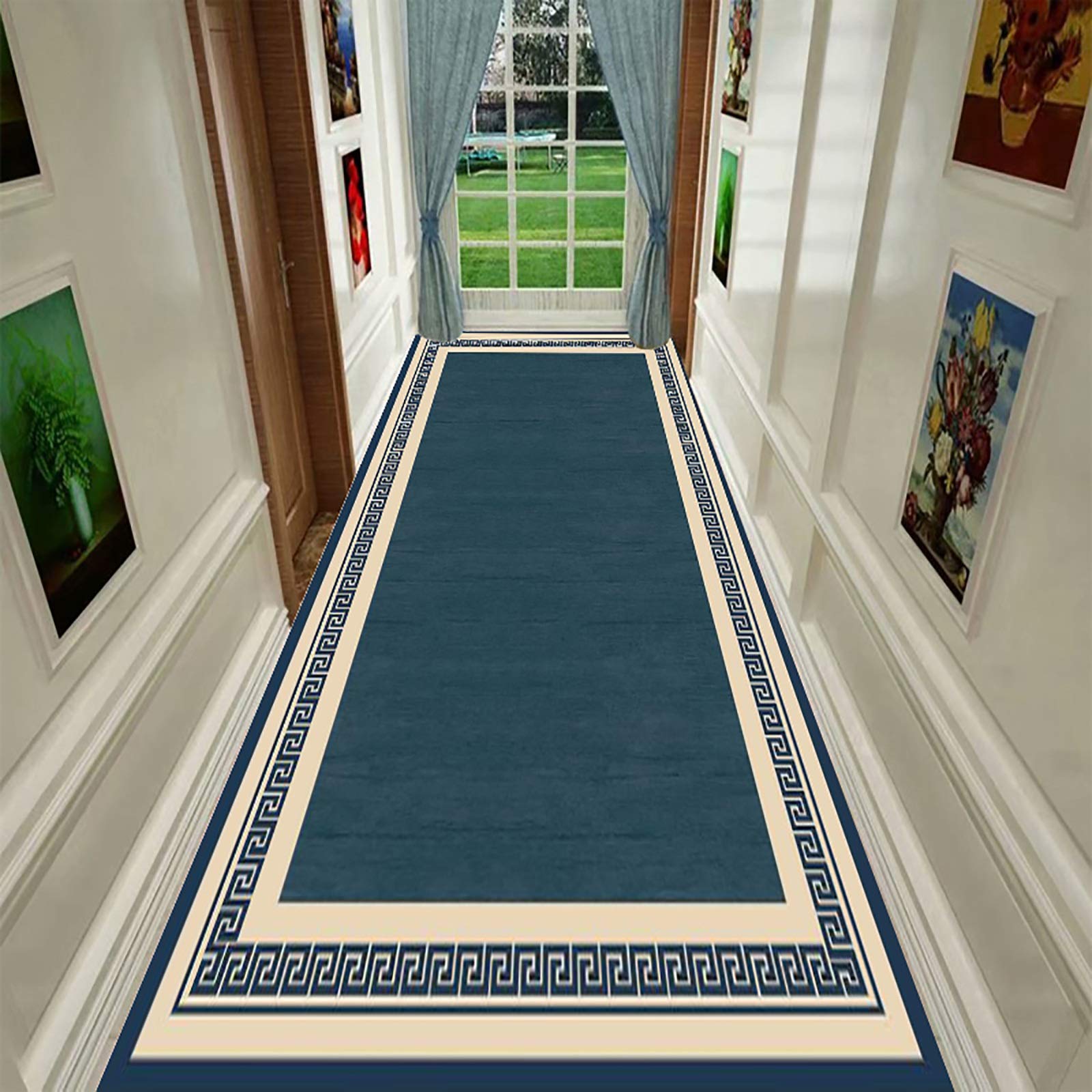 Hallway Runner Rug Non Slip Entryway Rug Runner Dark Blue Border Carpet Runners & Area Rugs, Hallway Runners Rug with Non-Slip Rubber Backing, Kitchen Rugs and Floor Mats, 1m/2m/3m/4m/5m/6m Long (Siz