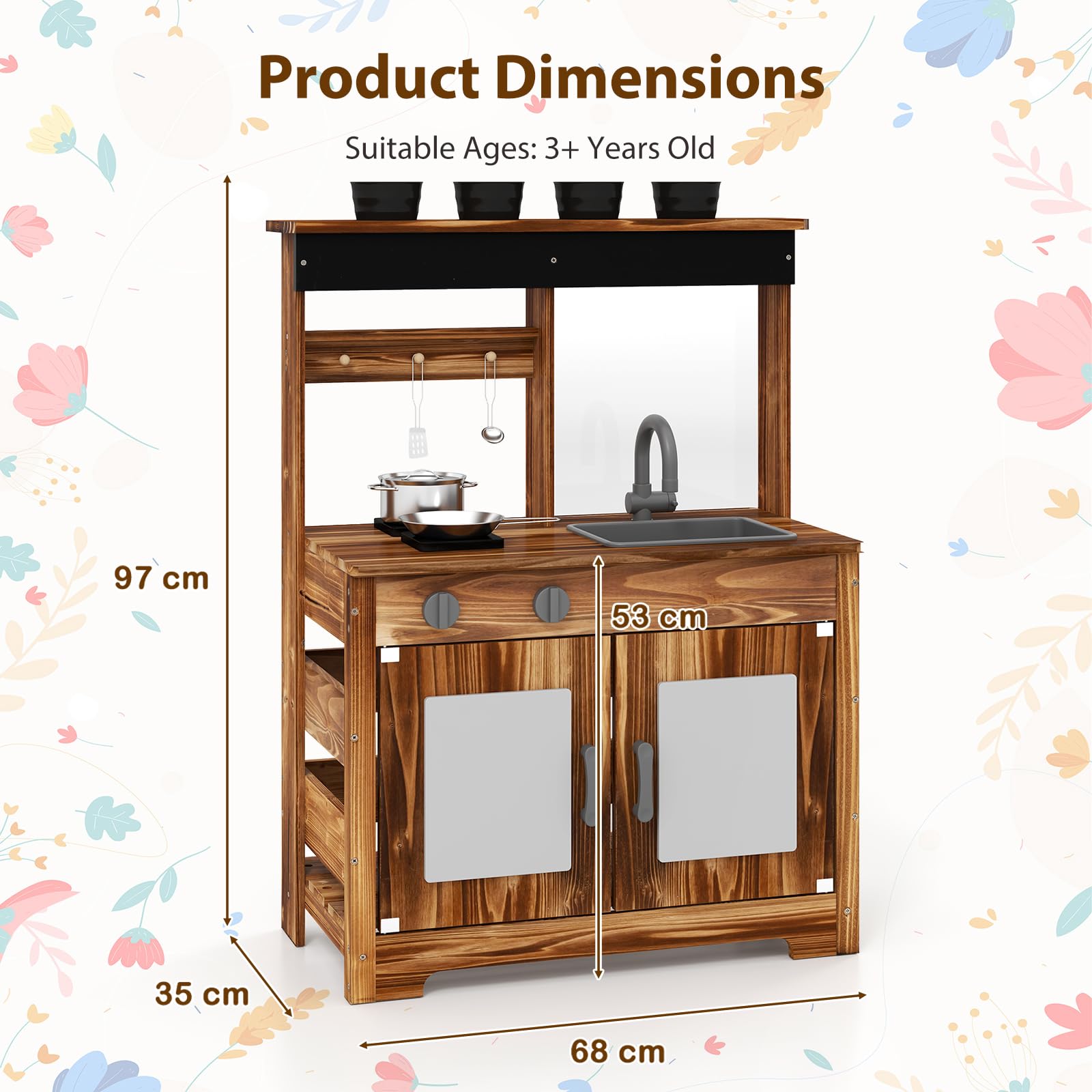 HOMASIS Cuisine d'extérieur en bois, cuisine jouet pour enfants combine cuisine et jardin, cuisine éducative avec tableau blanc, panneaux acryliques, évier et robinet pour enfants à partir de 3 ans