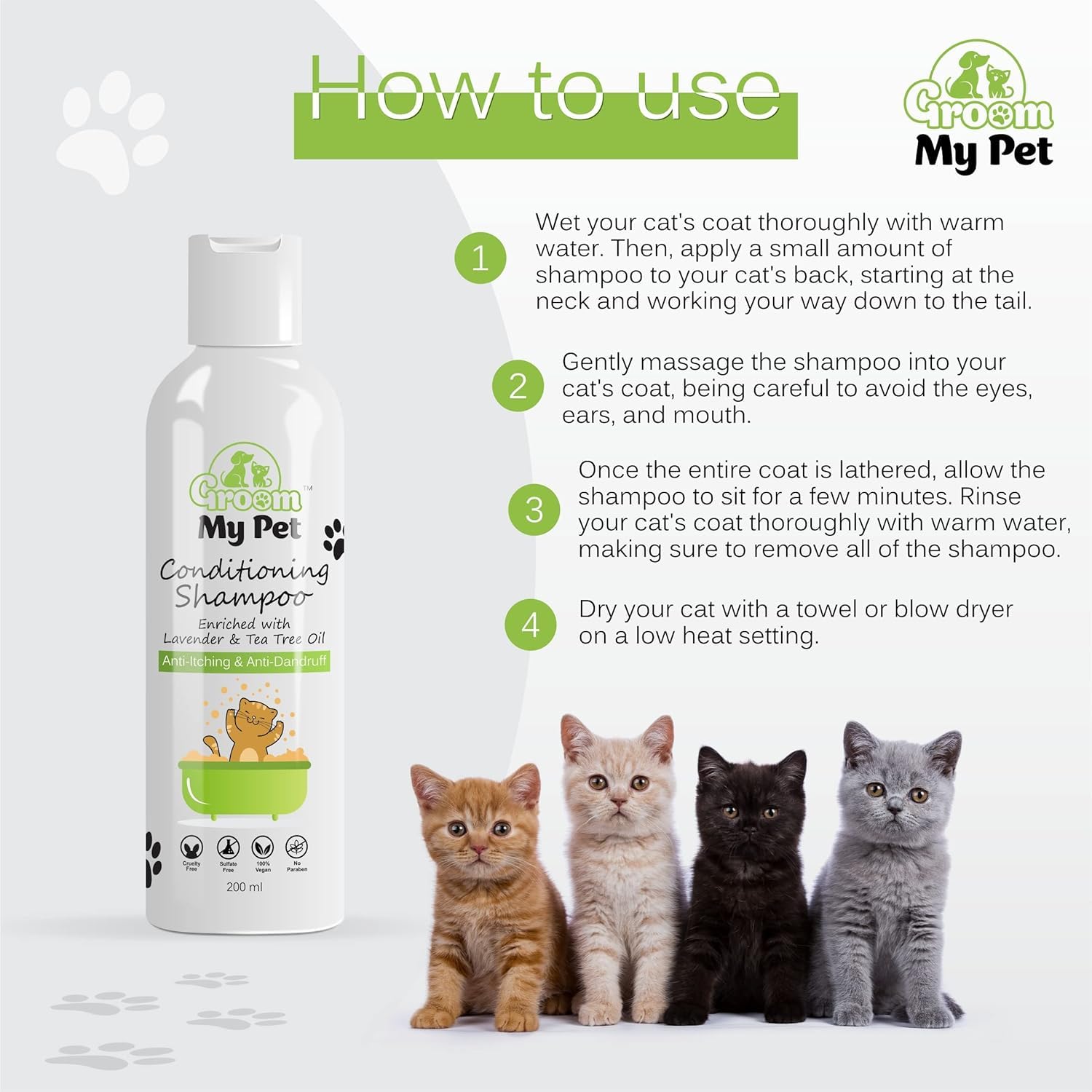 Groom My Pet Cat Shampoo with Conditioner-200 Milliliter|Relives from ItchingAnti-Dandruff & Skin Infection Irritation|for All Breeds & All Hair Coat Types|Enriched with Lavender & Tea Tree Oil
