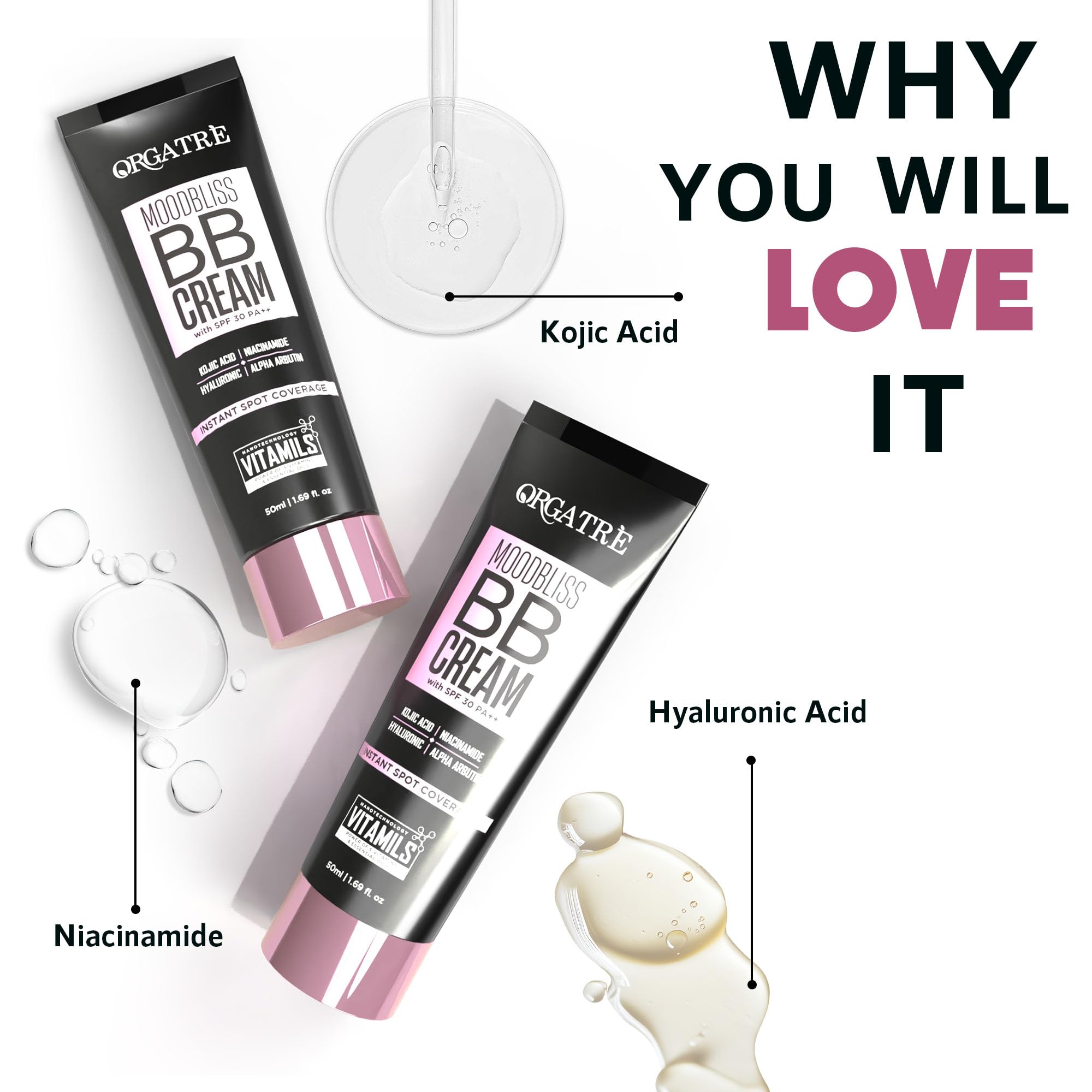 ORGATRE MoodBliss BB Cream 50gm | Instant Spot Coverage with SPF 30 PA++ | Light Makeup Glow for All Skin Types | Kojic Acid & Niacinamide - Image 3 thumbnail