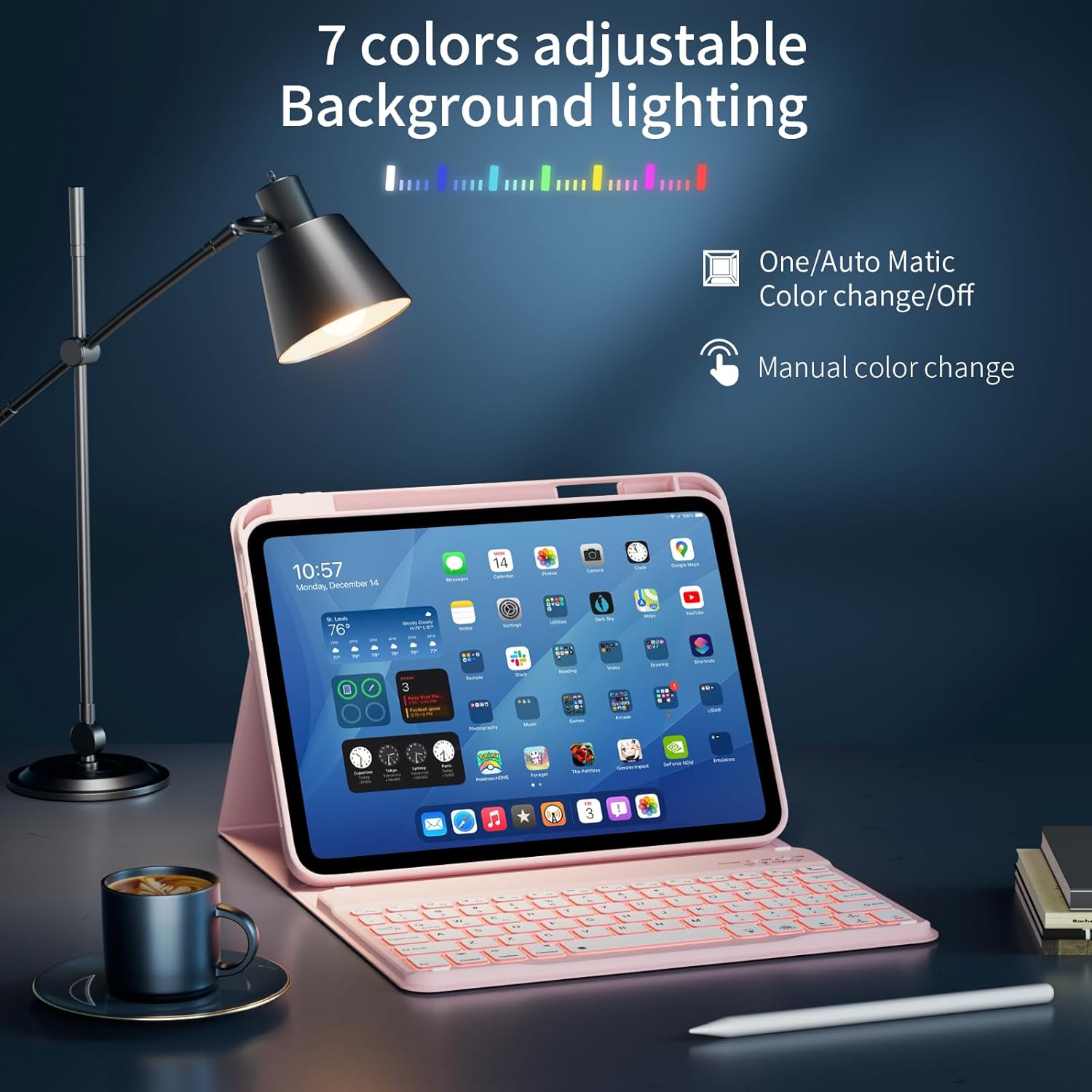 for iPad 10th 11th Generation Case with Keyboard, Folio Cover with Pencil Holder, 7 Colors Backlit Wireless Detachable Keyboard for iPad 11 inch A16 2025 10th Gen 10.9 Inch 2022, Pink