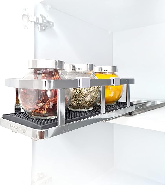 Kwirkythings Spice Rack Organizer for Cabinet - Pull Out, Slide Out, Heavy Duty Stainless Steel, Chrome for Upper Kitchen Cupboards and Pantry Closet, for Spices, Sauces, Canned Food - 4 Inch