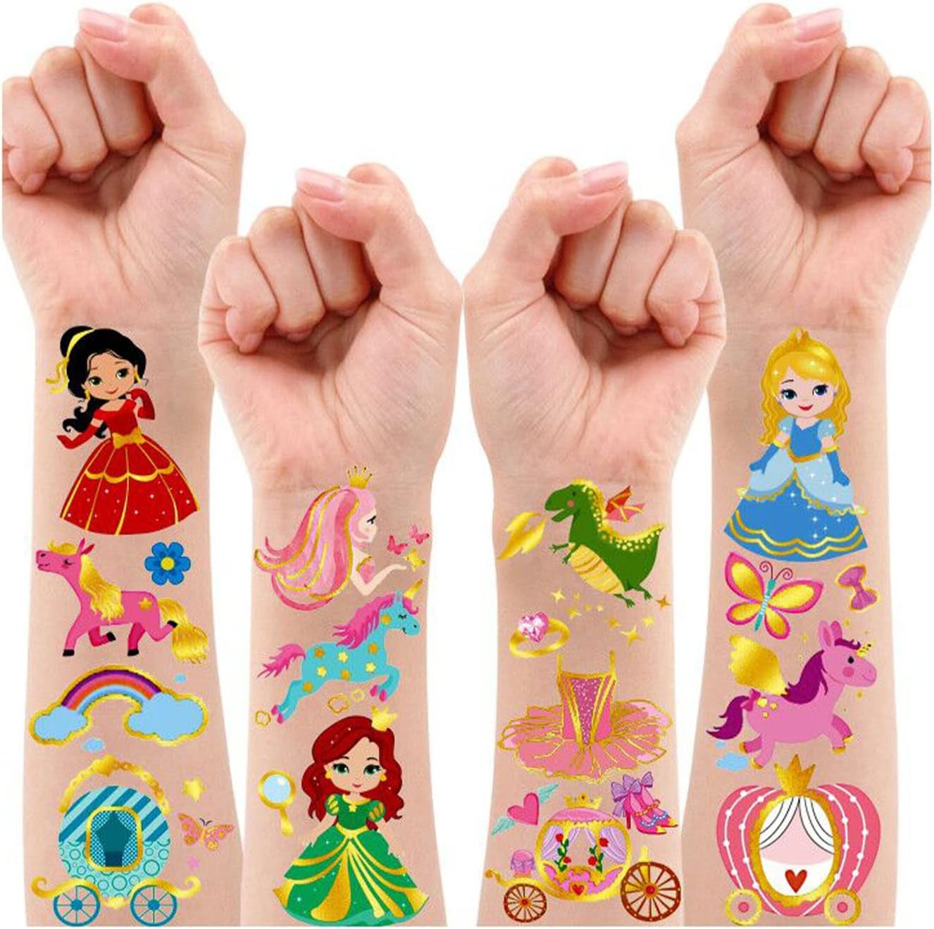 Leesgel Princess Party Decorations for Girls, 12 Sheets Metallic Glitter Tattoos for Kids Girls, Fake Tattoo Stickers Toys for Kids Birthday Princess Party Supplies Favors