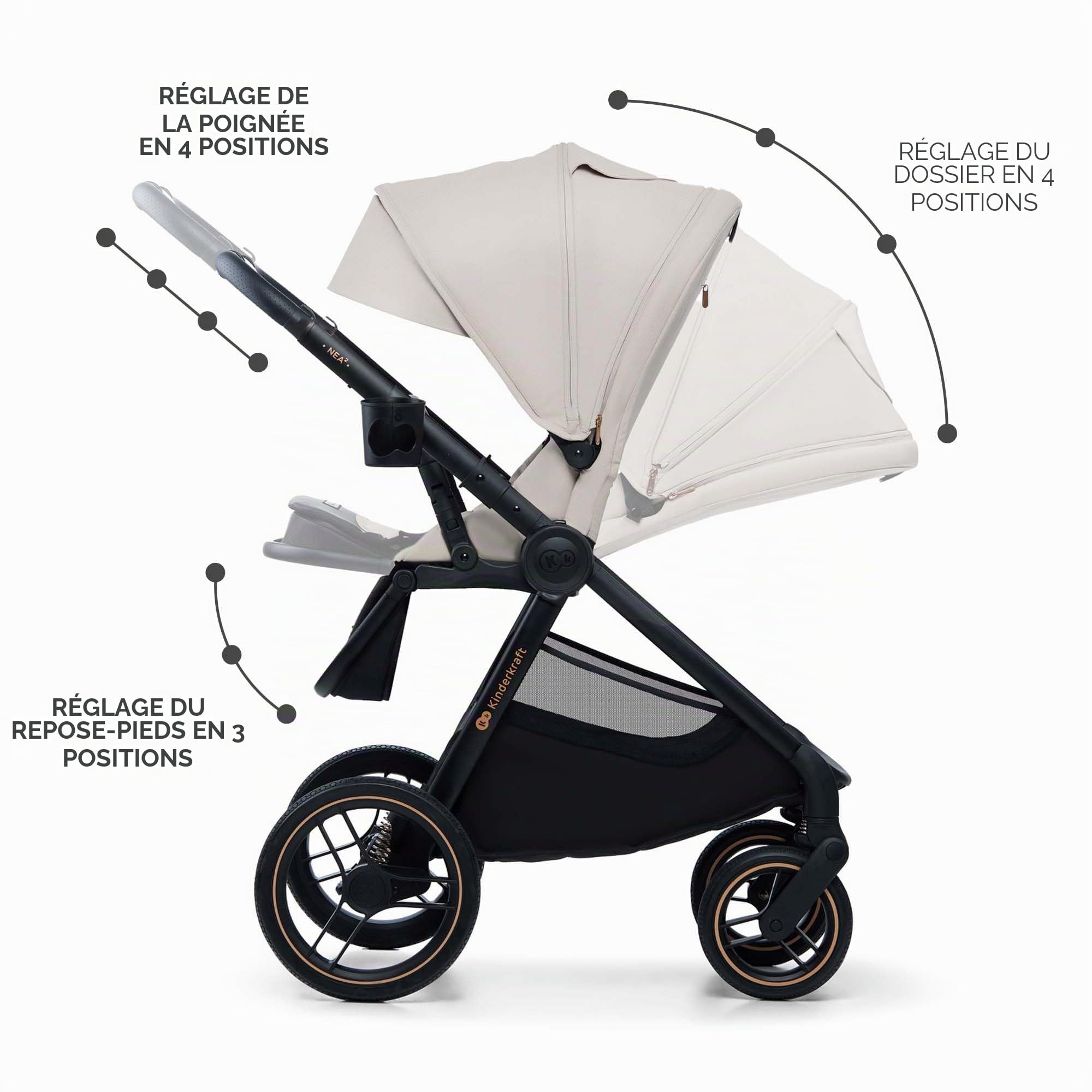 Kinderkraft NEA 2, Poussette de la naissance à 22 kg, Pliage d'une seule main, Position allongée, Grande capote, 4 roues amortissantes, Filtre UPF 50+, Panier jusqu'à 5 kg, Beige
