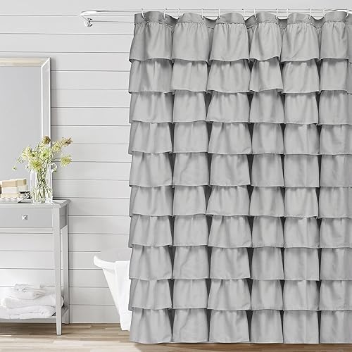 Volens - Cortina de ducha gris con volantes, cortina de baño de tela rústica para la máquina lavable, de 72 x 72 pulgadas de largo