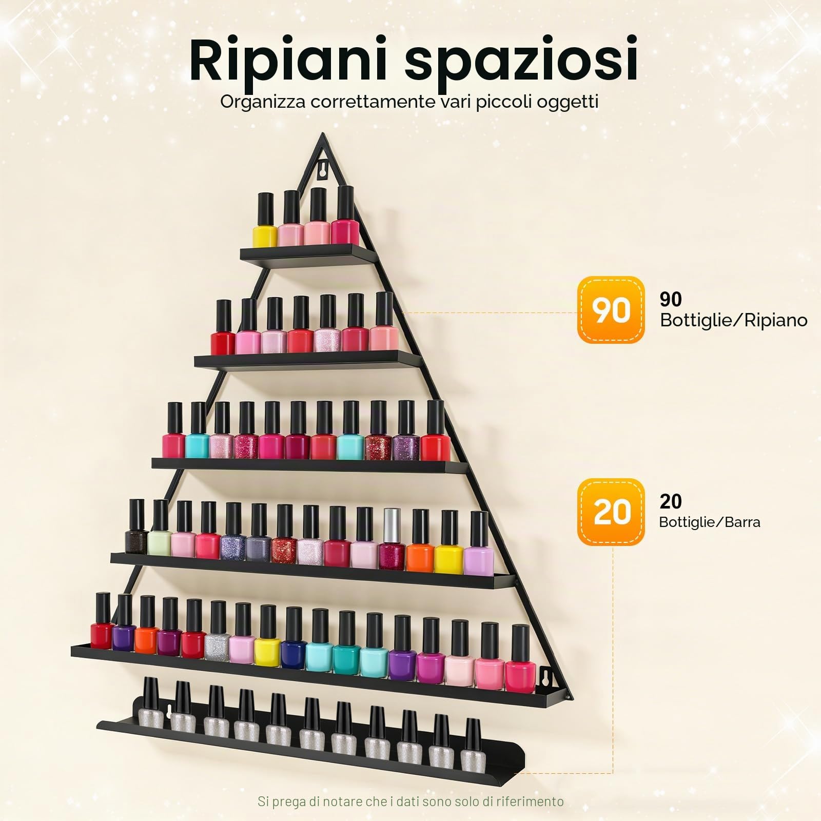 Set di 3 scaffali per smalti da parete in metallo, organizer per smalti dorati, a forma di diamante (nero)