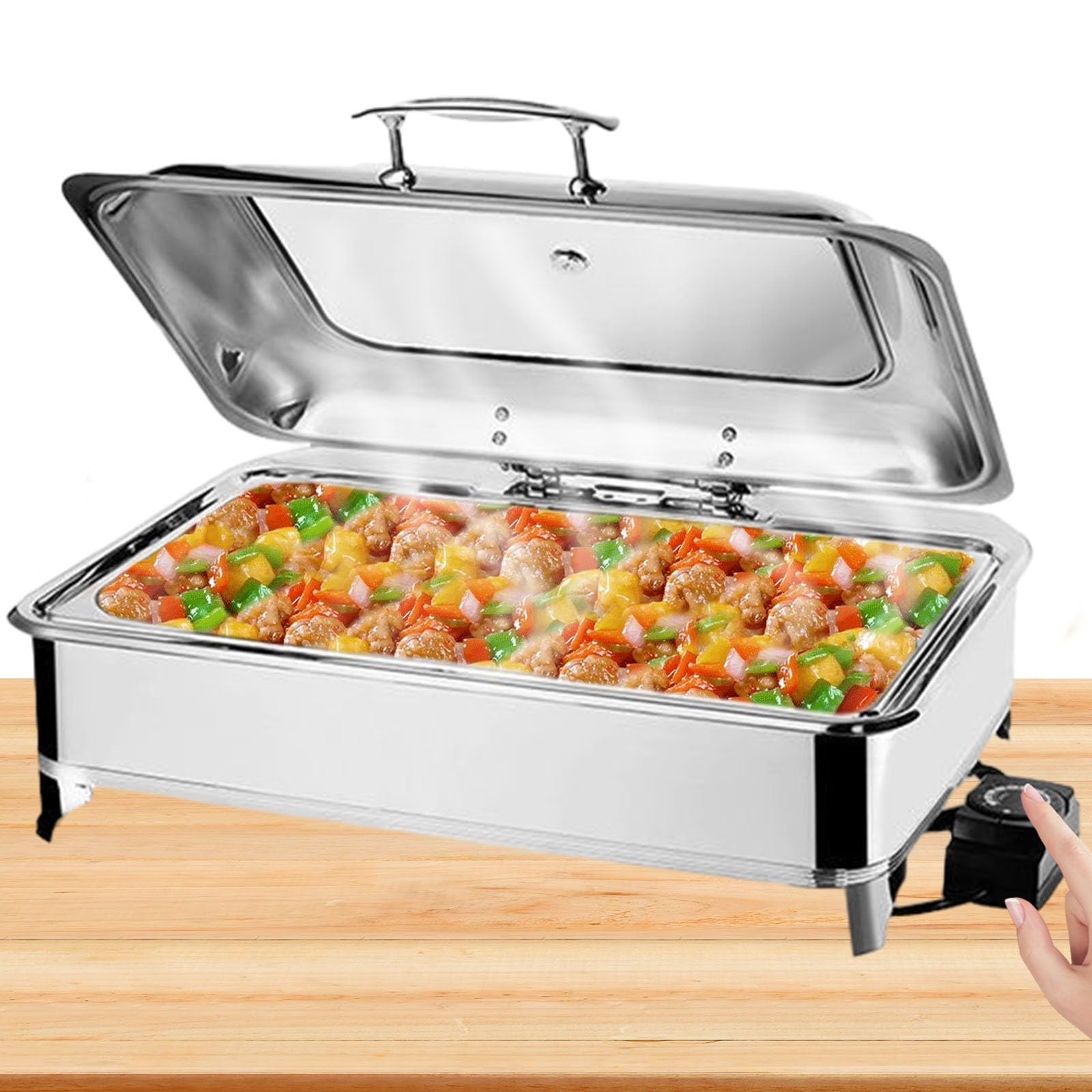 Chafing Dish Electrico(A, Full Pan) | 9L Calentador de Comida Electrico para Buffet Acero Inoxidable, Chafing Dish Buffet Temperatura Regulable con Tapa Visible
