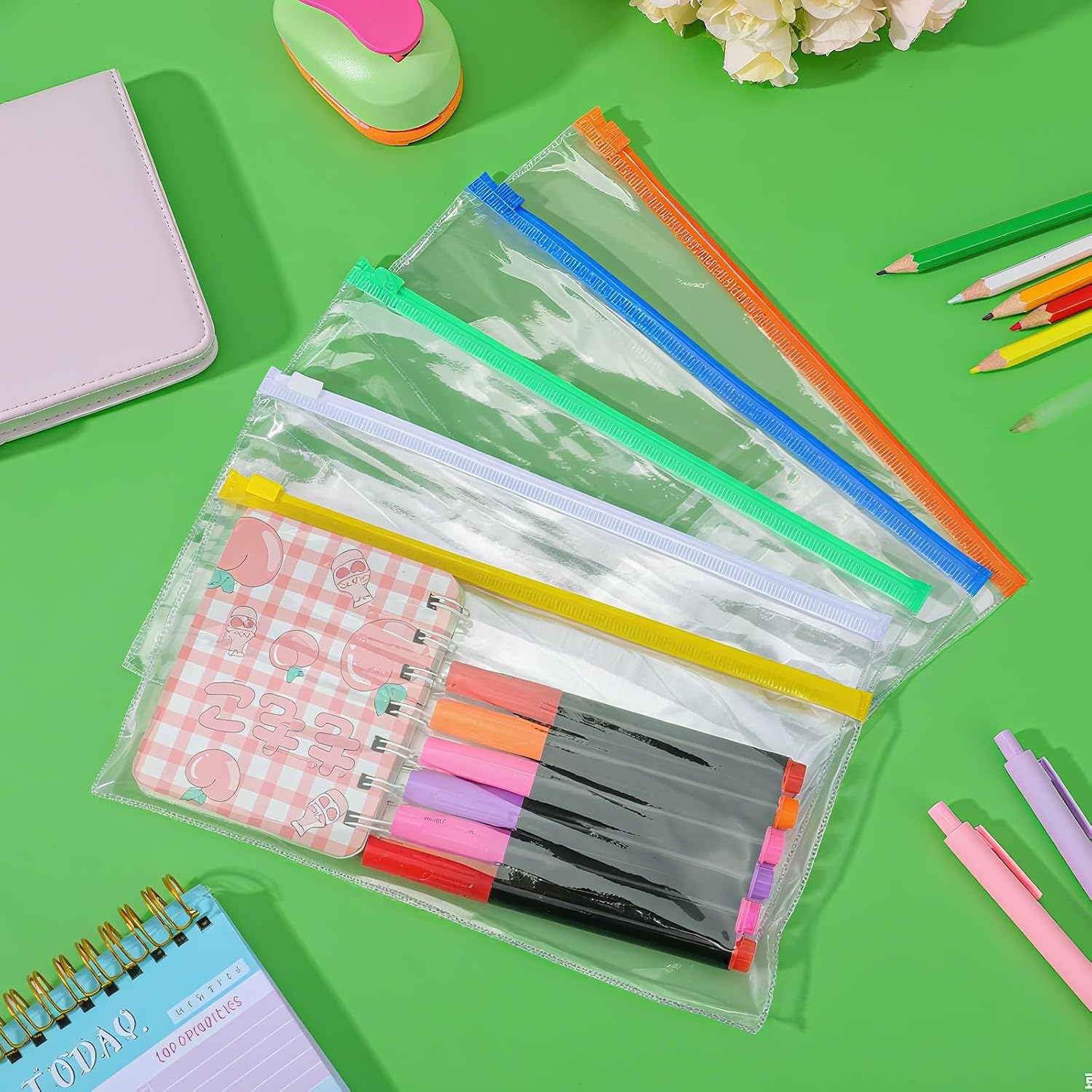 100 Pcs Plastic Zipper Envelopes Bulk, A6 Size Clear Plastic Pencil Pouch with Zipper, 9.25 x 4.72 Inch Reusable Bill File Bag for Cash, Money, Christmas OCC Shoeboxes Gifts (Multicolor) - Image 6