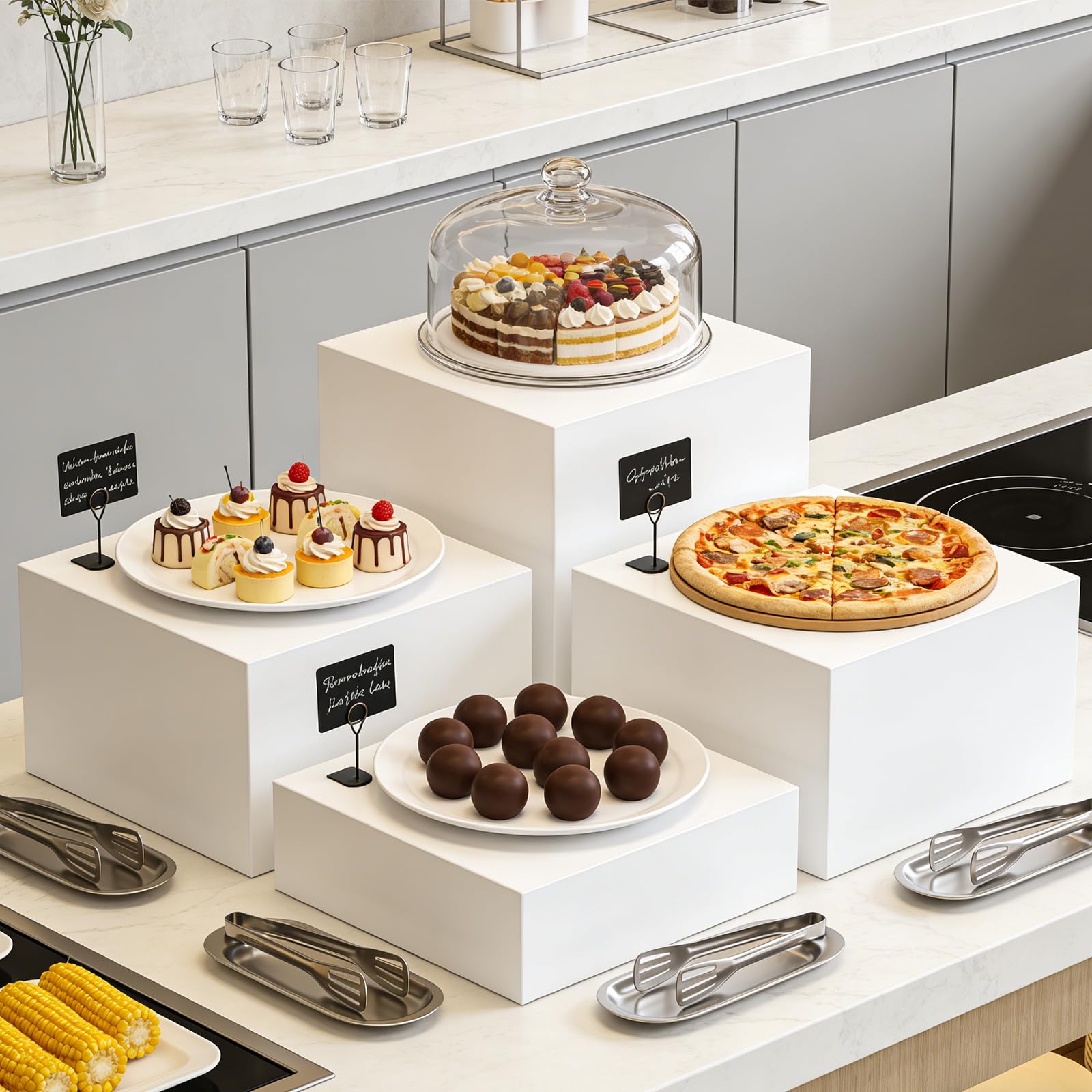 6 scatole acriliche bianche, supporto per buffet in acrilico, supporto per dessert con base cava, display per alimenti Risers, cubetti in acrilico, per dolci, gioielli, espositore a cubo con fondo