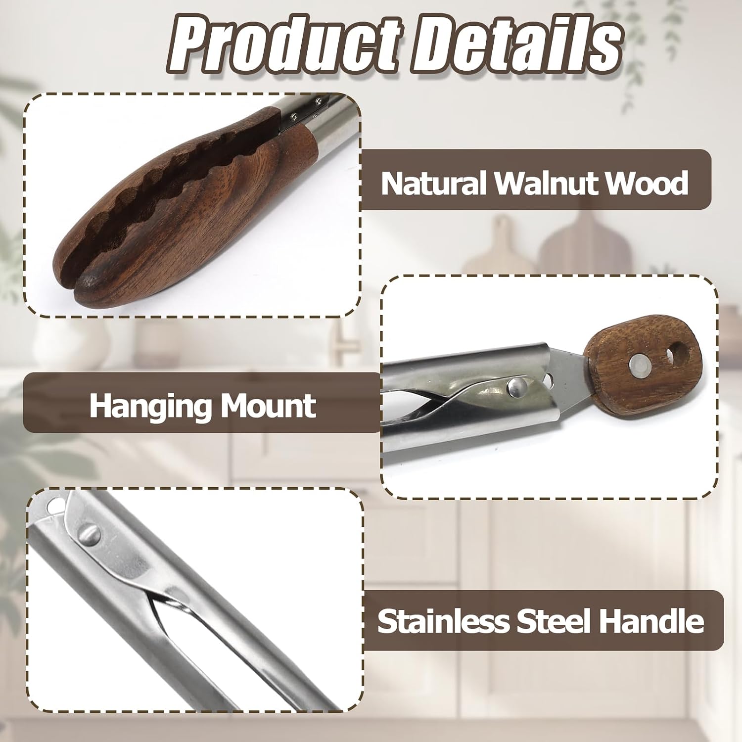 Biaungdo Walnut Wood Kitchen Tong 9 Inch with Pull Lock for Grilling Serving