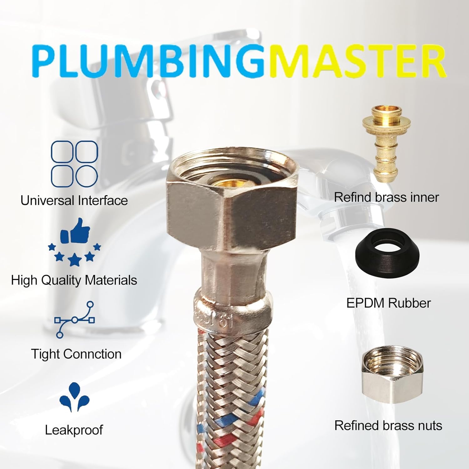 Conector de manguera de grifo de 24 pulgadas (3/8 pulgadas Comp x 1/2 pulgada FIP), líneas de suministro de agua trenzadas de acero inoxidable para grifo de baño, cocina, fregadero, 10