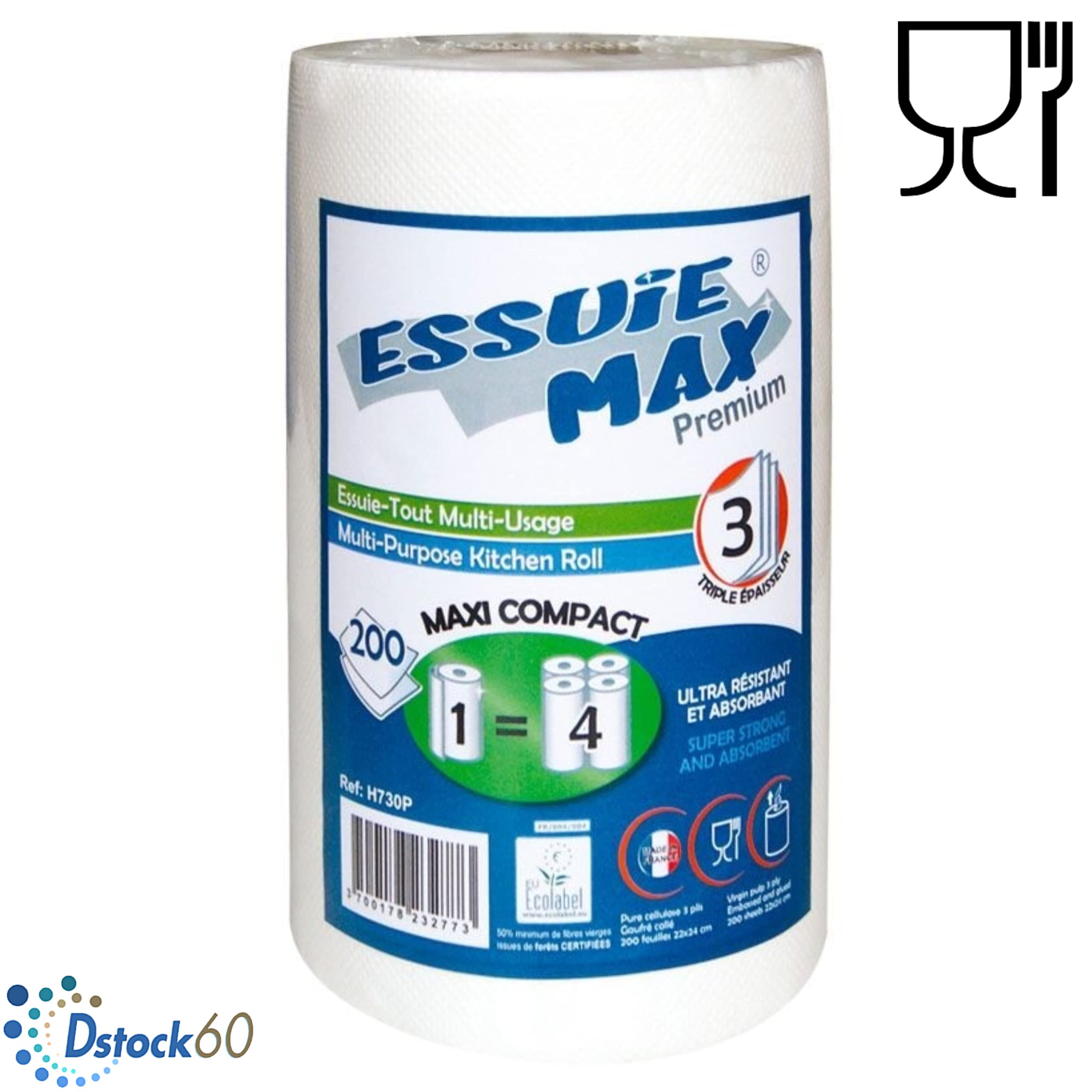 DSTOCK60 - Lot de 12 bobines essuie-tout multi usage maxi compact - 1 Rouleau=4 rouleaux - Bobine essuie main gaufre devidage central - 3 plis pure ouate - Qualité premium - Agréés contact alimentaire