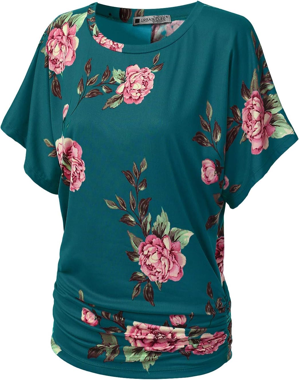 URBANCLEO Womens Boat Neck Rose Floral Dolman Top Shirts Teal, S