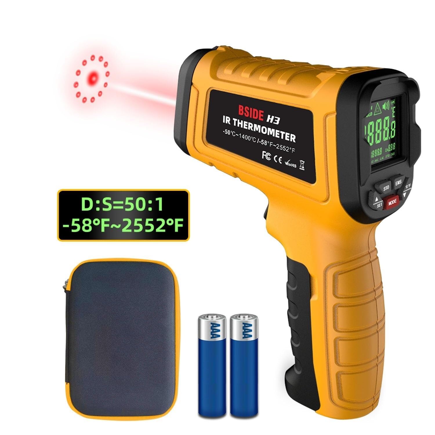 Termometr laserowy na podczerwień z pistoletem -58℉~2552℉(-50℃~1400℃) Przenośny cyfrowy 50:1 z kolorowym wyświetlaczem LCD, alarmowy pirometr do pieców przemysłowych
