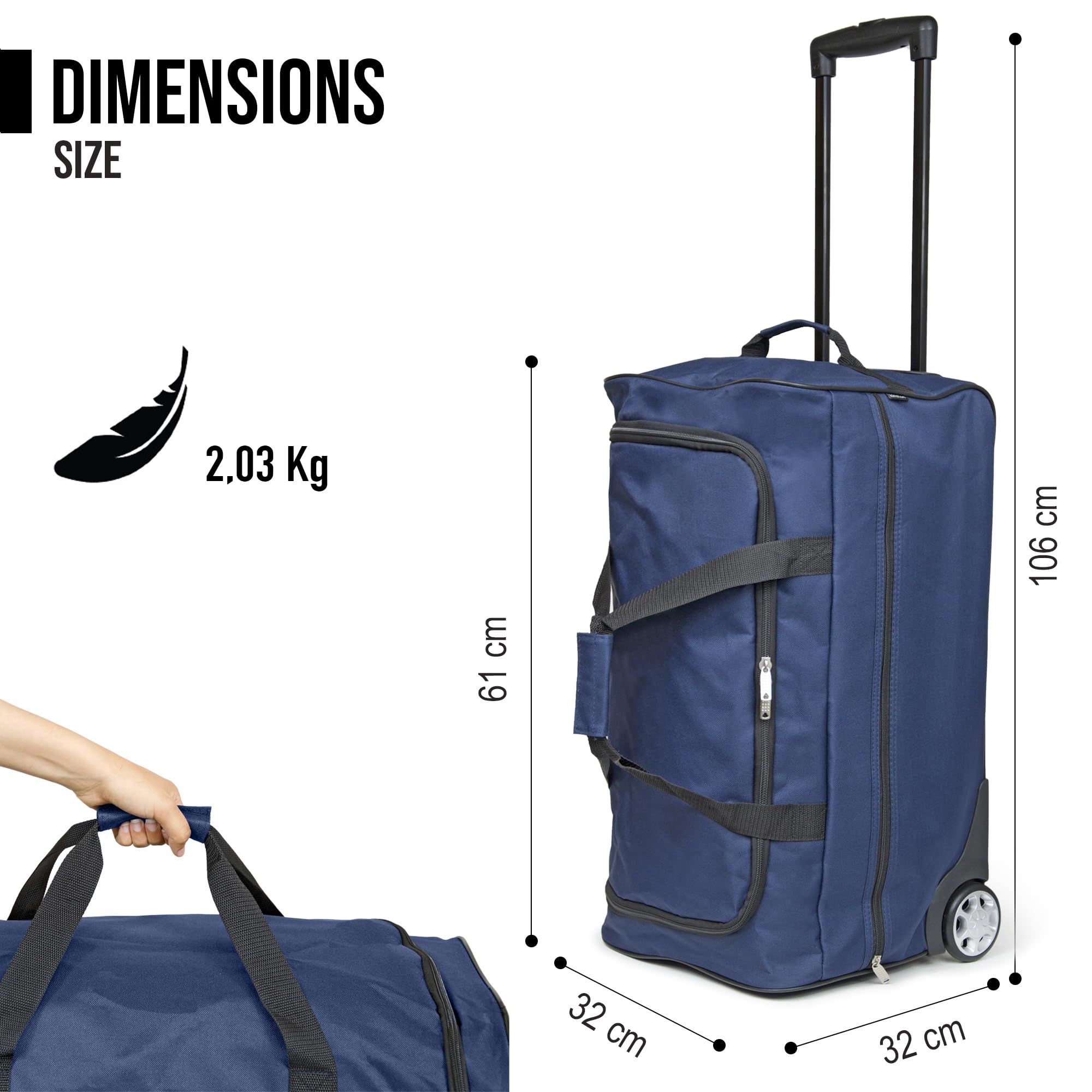 KINSTON Sac de Voyage Trolley Bleu - Grand Sac à roulettes & Canne Télescopique, Compartiment Principal Spacieux et Poche Latérale Zippée - Valise Bagage à Main Idéal pour Voyages et Week-Ends