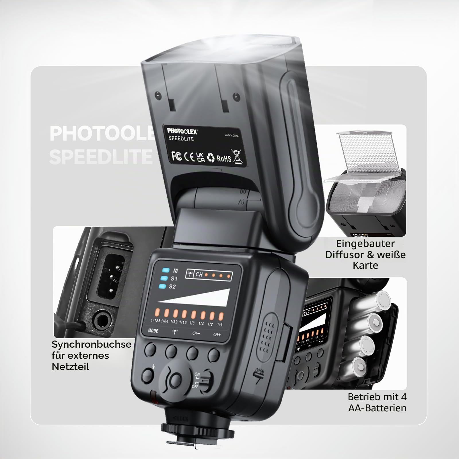 PHOTOOLEX Blitz Flash Speedlite für Canon Nikon Sony Panasonic Olympus Pentax Fujifilm Sigma Minolta und Andere DSLR Digital SLR Film SLR Kameras und Digital Kameras mit Single-Kontakt Hot-Schuh